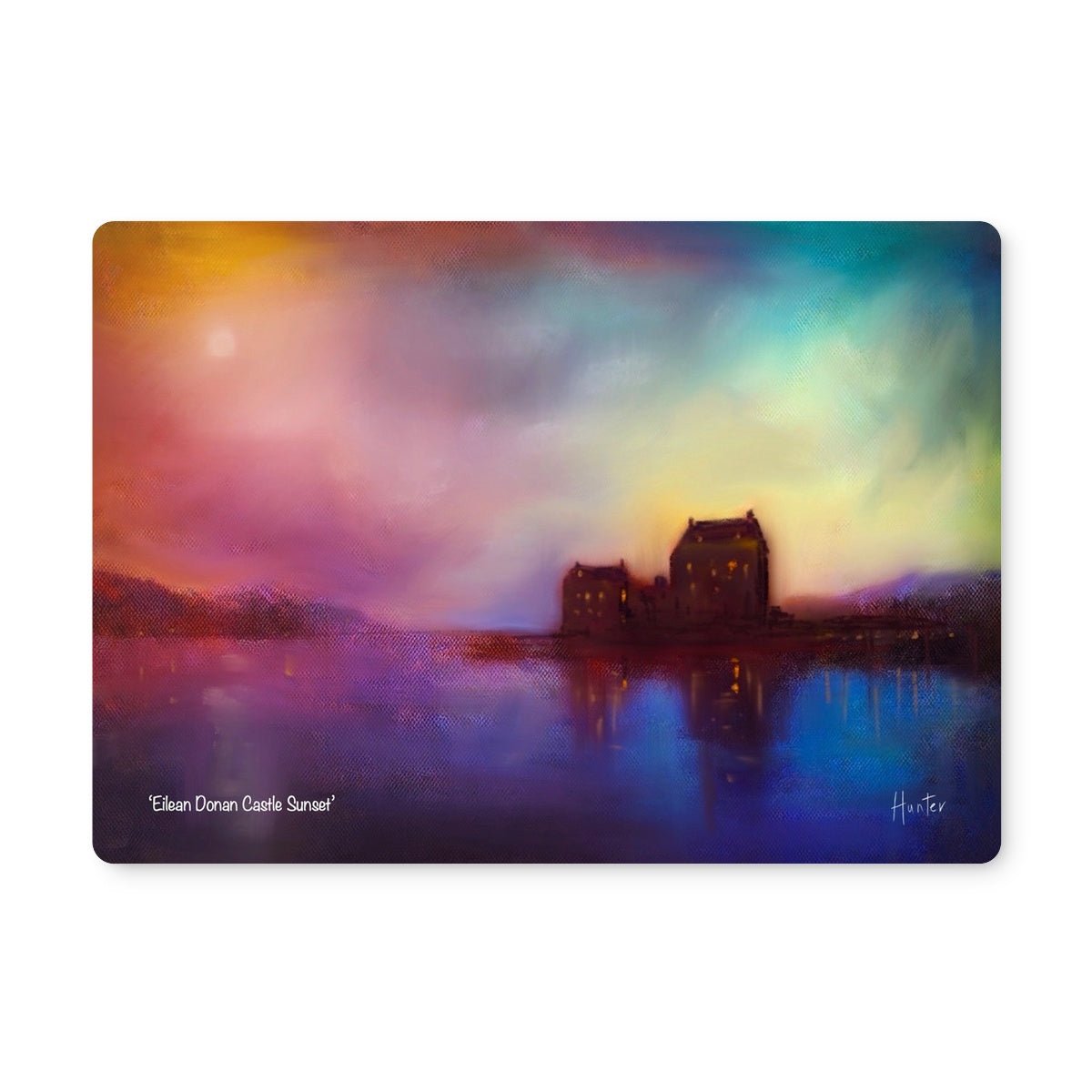 Eilean Donan Castle Sunset Art Gifts Placemat-Placemats-Scottish Castles Art Gallery-2 Placemats-Paintings, Prints, Homeware, Art Gifts From Scotland By Scottish Artist Kevin Hunter