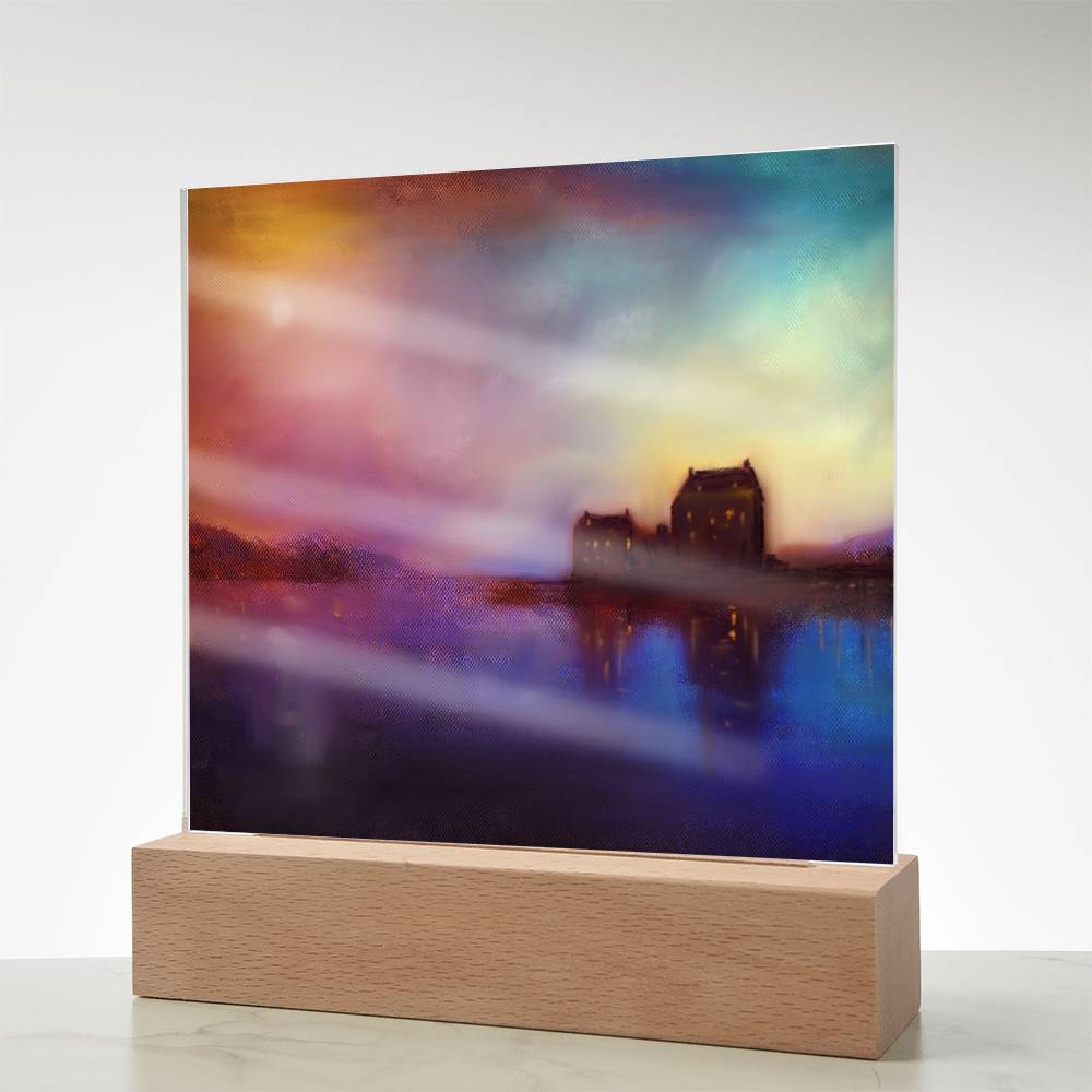 Eilean Donan Castle Sunset illuminated Neon Acrylic Art Plaque