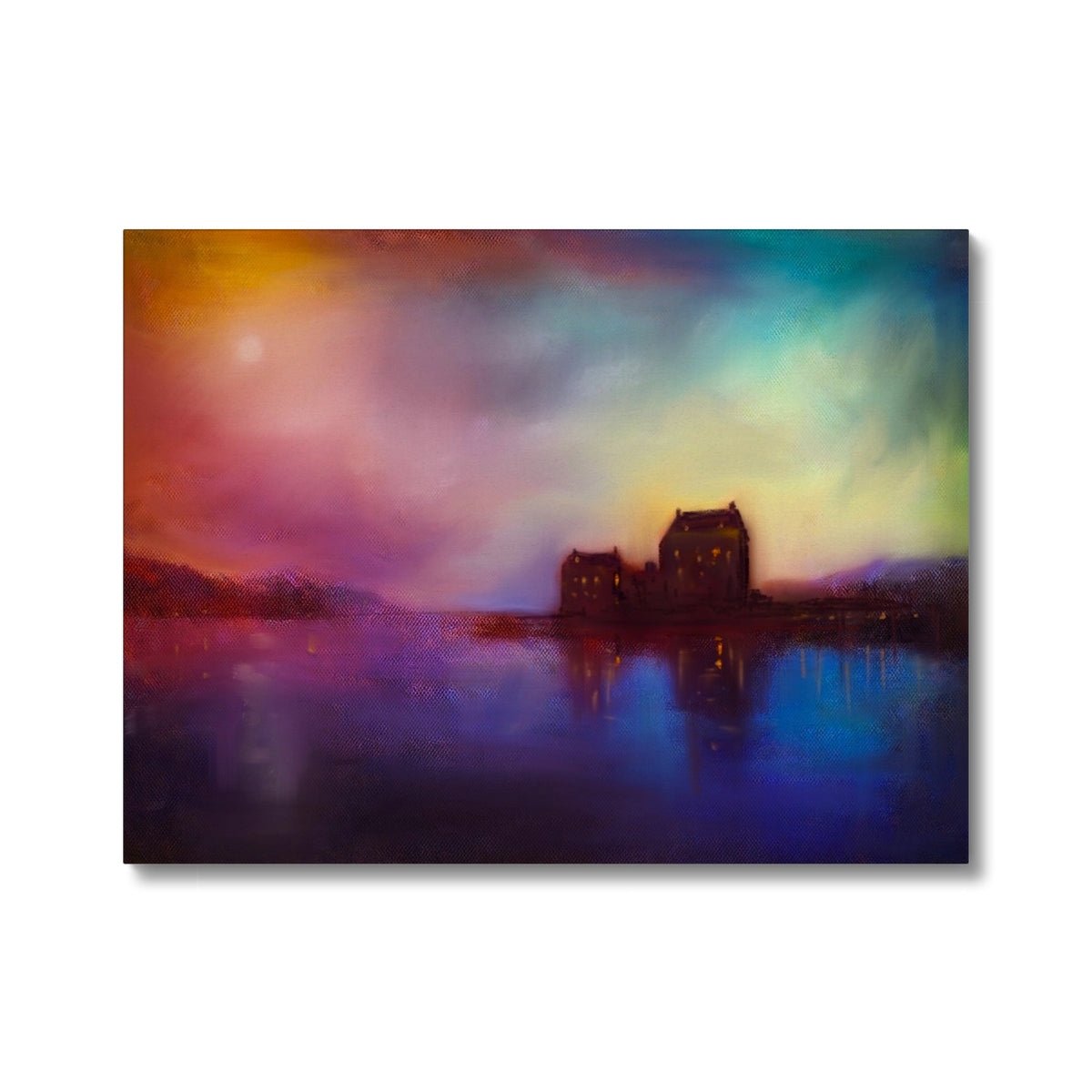 Eilean Donan Castle Sunset Painting | Canvas From Scotland-Contemporary Stretched Canvas Prints-Historic & Iconic Scotland Art Gallery-24"x18"-Paintings, Prints, Homeware, Art Gifts From Scotland By Scottish Artist Kevin Hunter