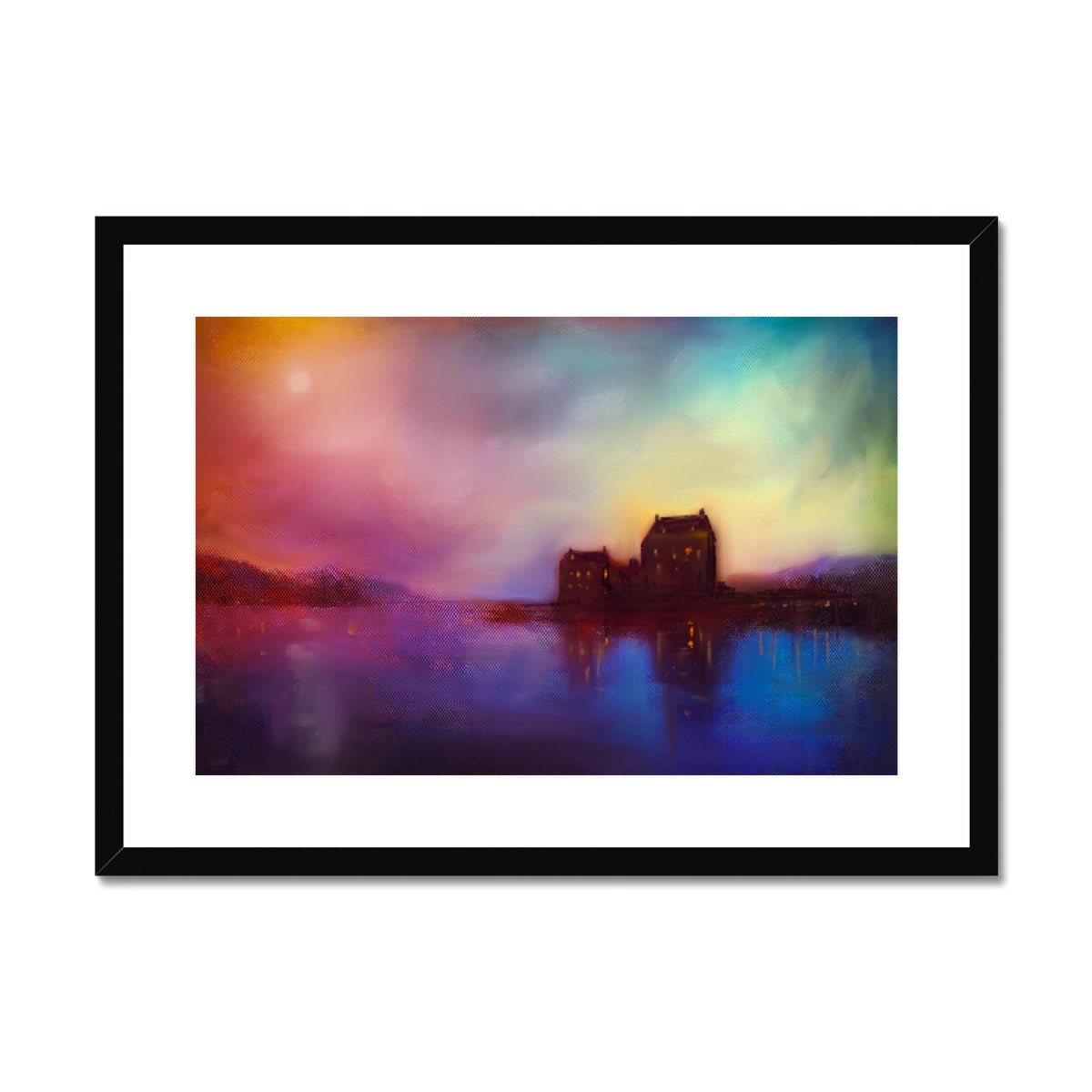 Eilean Donan Castle Sunset Painting | Framed & Mounted Prints From Scotland-Framed & Mounted Prints-Historic & Iconic Scotland Art Gallery-A2 Landscape-Black Frame-Paintings, Prints, Homeware, Art Gifts From Scotland By Scottish Artist Kevin Hunter