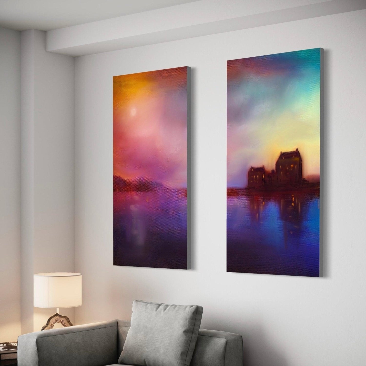 Eilean Donan Castle Sunset Painting Signed Fine Art Diptych Canvas