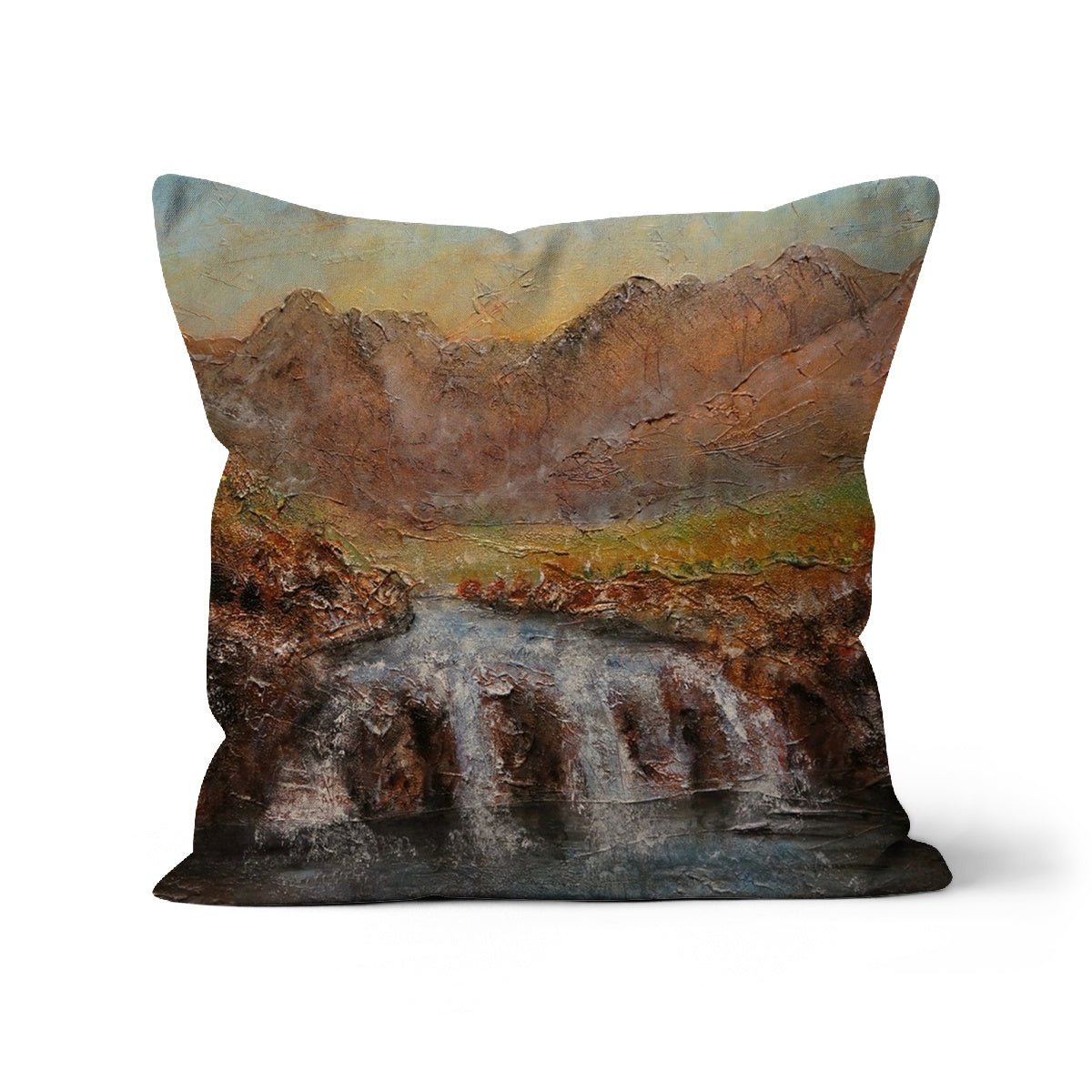 Fairy Pools Dawn Skye Art Gifts Cushion-Cushions-Skye Art Gallery-Canvas-16"x16"-Paintings, Prints, Homeware, Art Gifts From Scotland By Scottish Artist Kevin Hunter