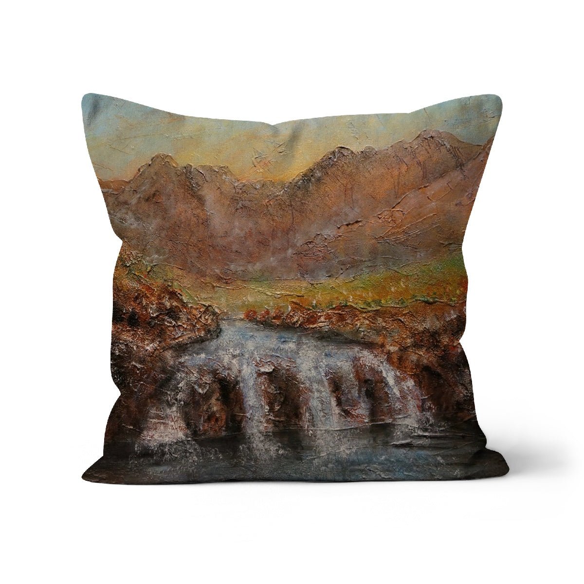 Fairy Pools Dawn Skye Art Gifts Cushion-Cushions-Skye Art Gallery-Canvas-12"x12"-Paintings, Prints, Homeware, Art Gifts From Scotland By Scottish Artist Kevin Hunter