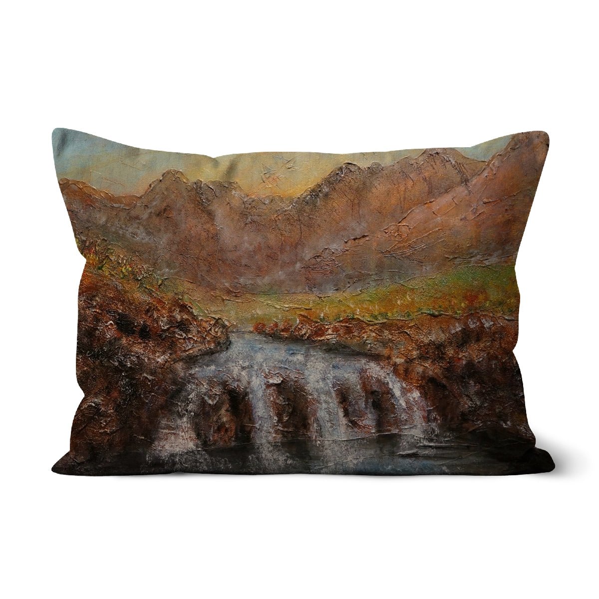 Fairy Pools Dawn Skye Art Gifts Cushion-Cushions-Skye Art Gallery-Faux Suede-19"x13"-Paintings, Prints, Homeware, Art Gifts From Scotland By Scottish Artist Kevin Hunter
