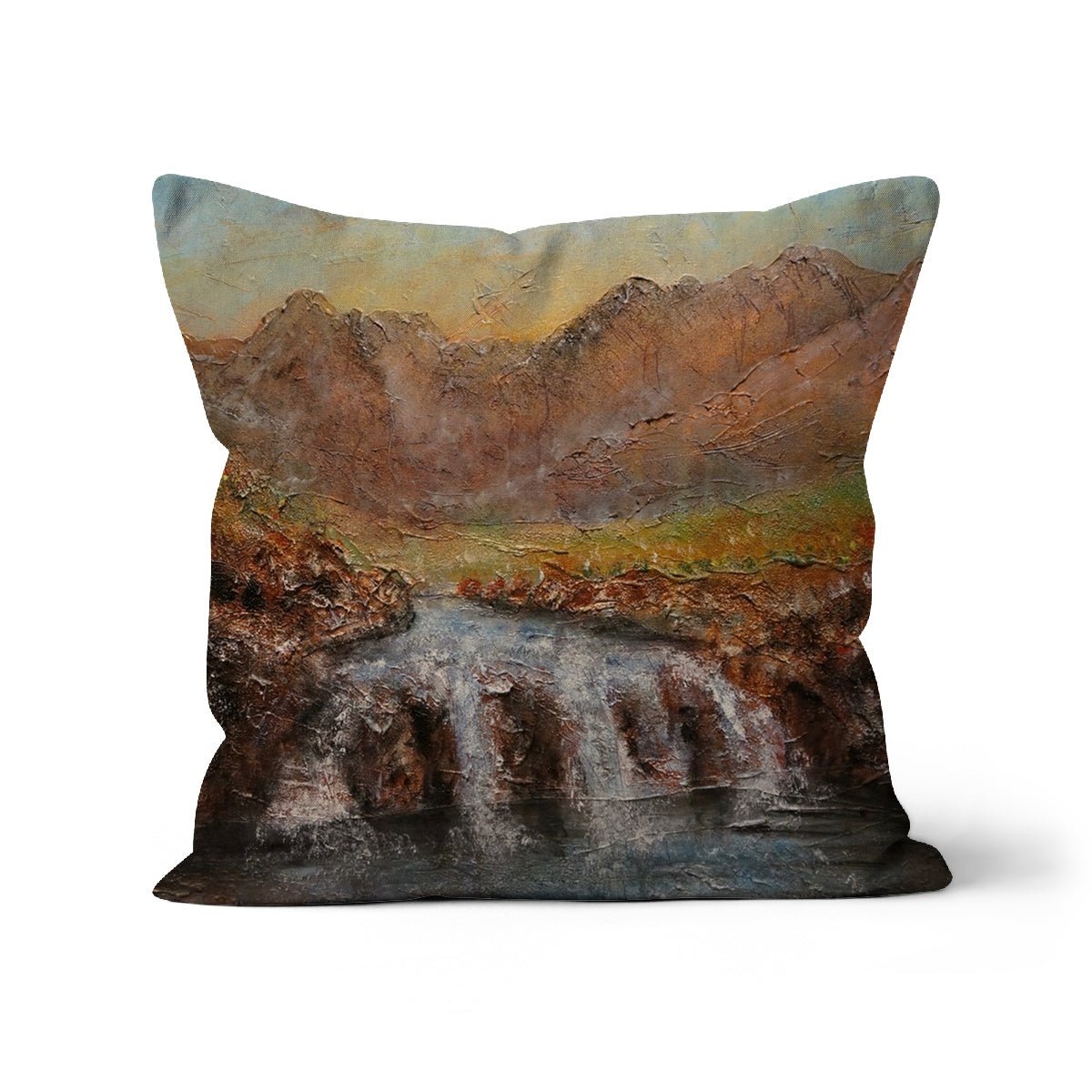 Fairy Pools Dawn Skye Art Gifts Cushion-Cushions-Skye Art Gallery-Faux Suede-24"x24"-Paintings, Prints, Homeware, Art Gifts From Scotland By Scottish Artist Kevin Hunter