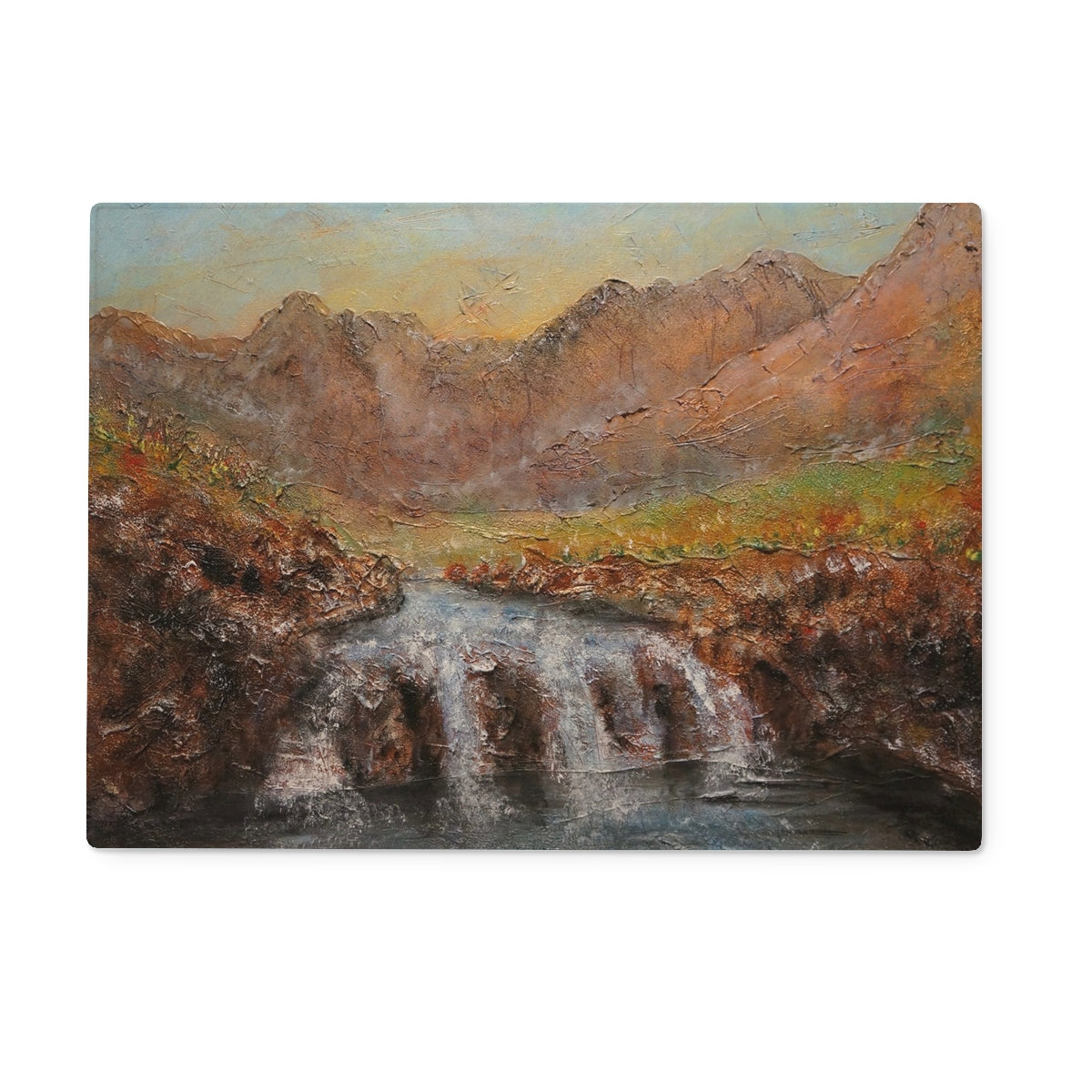 Fairy Pools Dawn Skye Art Gifts Glass Chopping Board | Skye Art Gallery | Paintings, Prints, Homeware and Art Gifts From Scotland By Scottish Artist Kevin Hunter