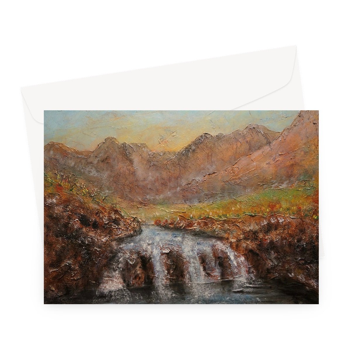 Fairy Pools Dawn Skye Art Gifts Greeting Card-Greetings Cards-Skye Art Gallery-A5 Landscape-1 Card-Paintings, Prints, Homeware, Art Gifts From Scotland By Scottish Artist Kevin Hunter