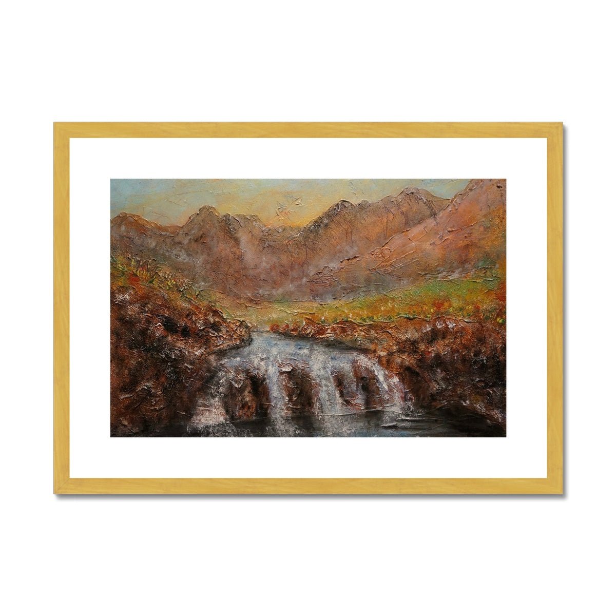Fairy Pools Dawn Skye Painting | Antique Framed & Mounted Prints From Scotland-Antique Framed & Mounted Prints-Skye Art Gallery-A2 Landscape-Gold Frame-Paintings, Prints, Homeware, Art Gifts From Scotland By Scottish Artist Kevin Hunter