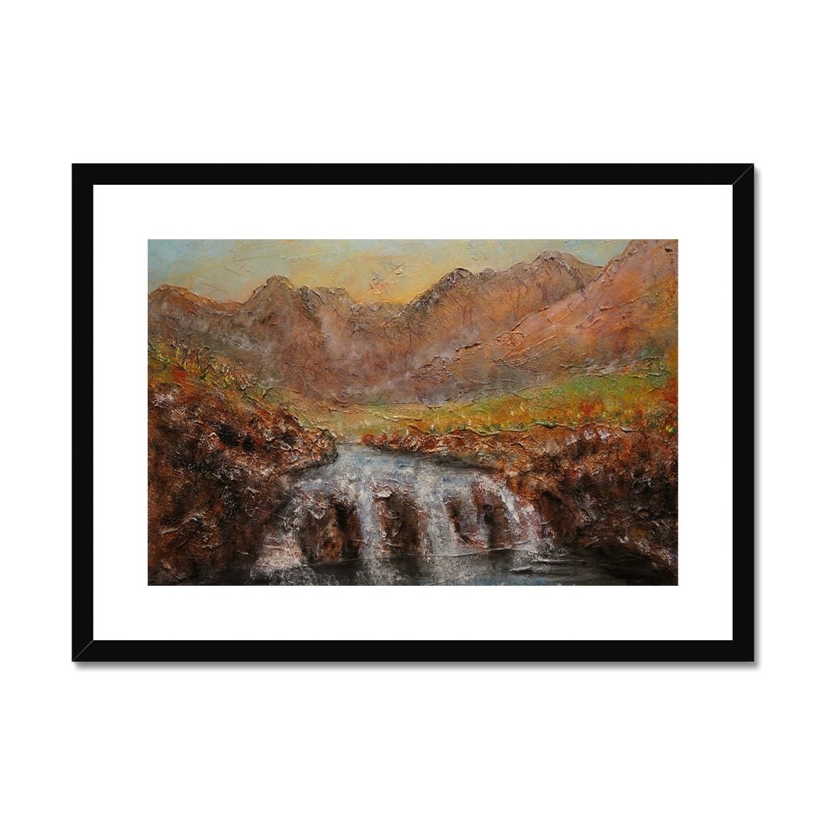 Fairy Pools Dawn Skye Painting | Framed & Mounted Prints From Scotland-Framed & Mounted Prints-Skye Art Gallery-A2 Landscape-Black Frame-Paintings, Prints, Homeware, Art Gifts From Scotland By Scottish Artist Kevin Hunter