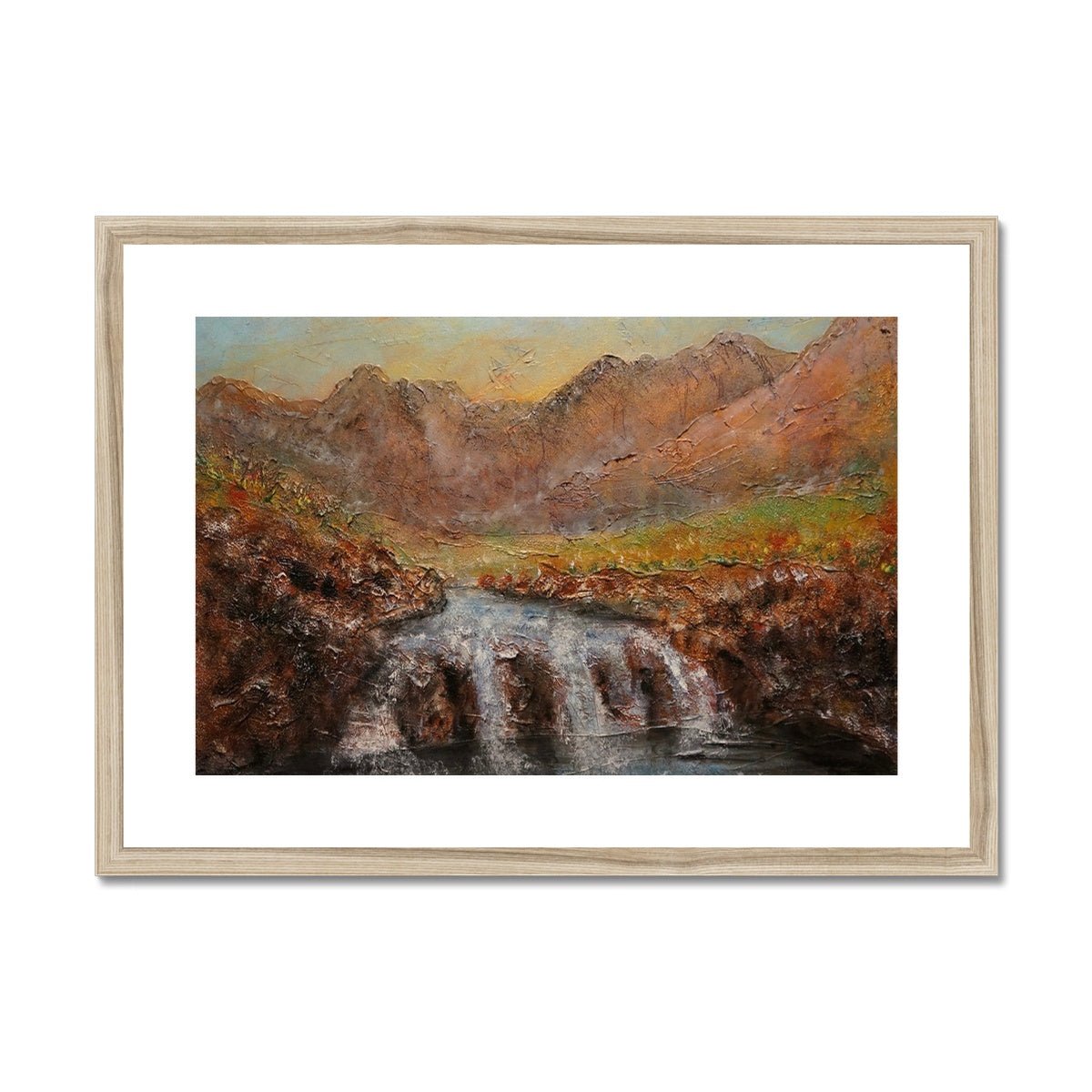 Fairy Pools Dawn Skye Painting | Framed & Mounted Prints From Scotland-Framed & Mounted Prints-Skye Art Gallery-A2 Landscape-Natural Frame-Paintings, Prints, Homeware, Art Gifts From Scotland By Scottish Artist Kevin Hunter