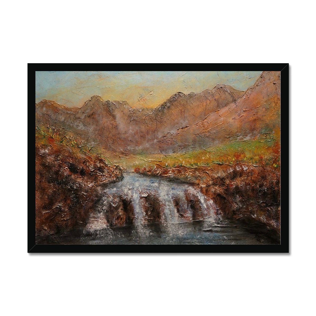 Fairy Pools Dawn Skye Painting | Framed Prints From Scotland-Framed Prints-Skye Art Gallery-A2 Landscape-Black Frame-Paintings, Prints, Homeware, Art Gifts From Scotland By Scottish Artist Kevin Hunter