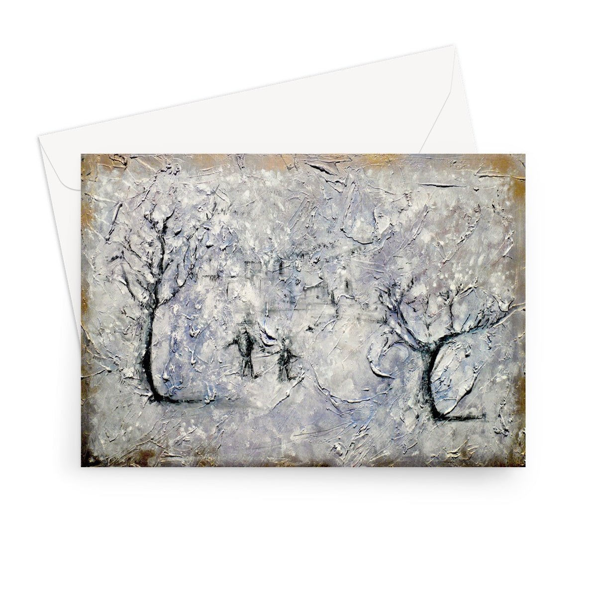 Father Daughter Snow Art Gifts Greeting Card-Greetings Cards-Abstract & Impressionistic Art Gallery-7"x5"-1 Card-Paintings, Prints, Homeware, Art Gifts From Scotland By Scottish Artist Kevin Hunter