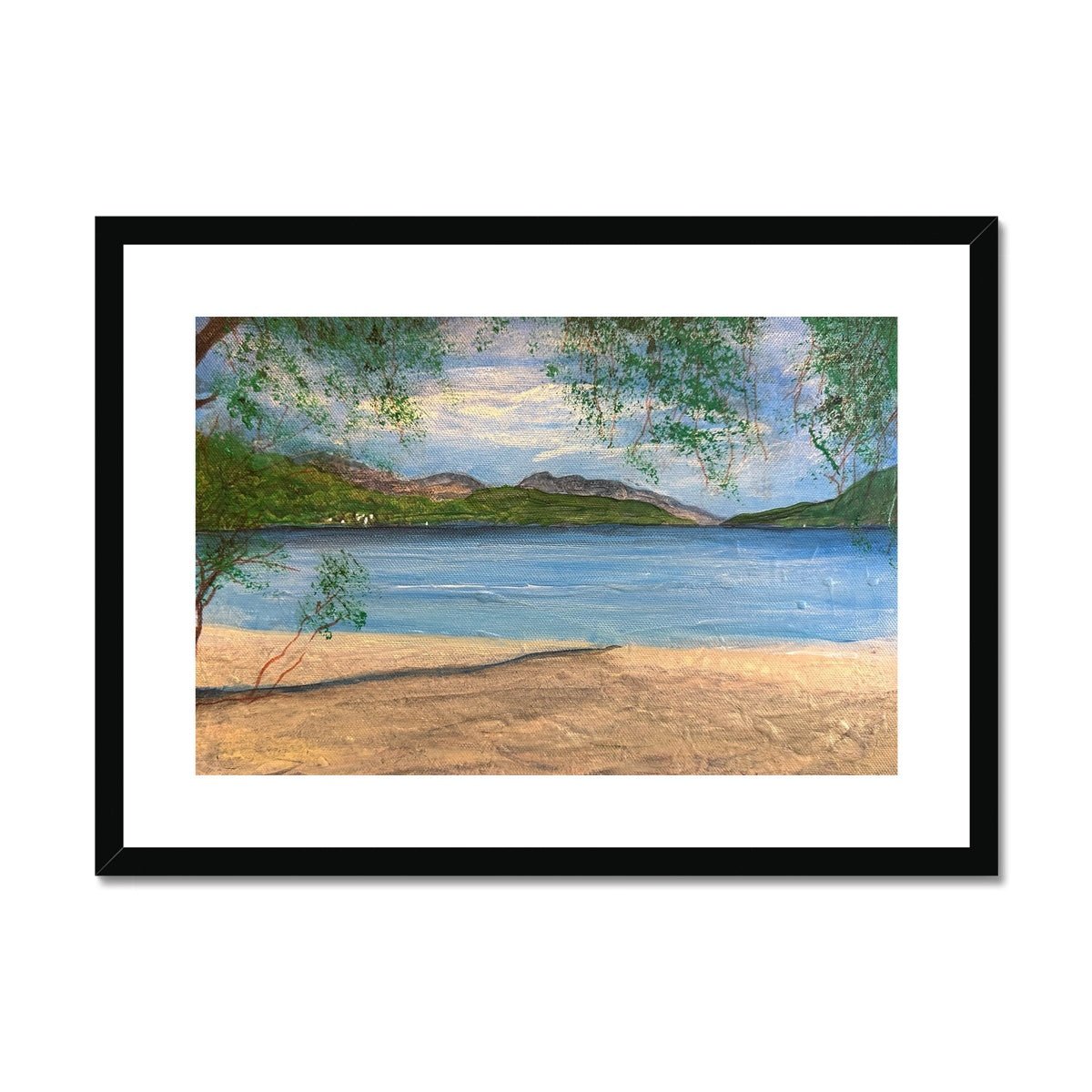 Firkin Point Loch Lomond Painting | Framed & Mounted Prints From Scotland-Framed & Mounted Prints-Scottish Lochs & Mountains Art Gallery-A2 Landscape-Black Frame-Paintings, Prints, Homeware, Art Gifts From Scotland By Scottish Artist Kevin Hunter