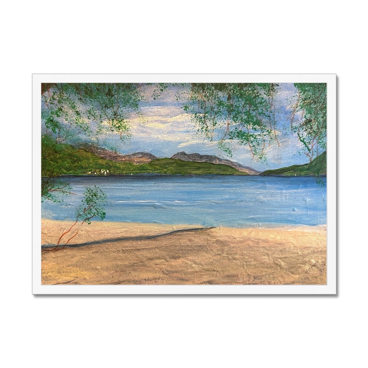 Firkin Point Loch Lomond Painting | Framed Prints From Scotland-Framed Prints-Scottish Lochs & Mountains Art Gallery-A2 Landscape-White Frame-Paintings, Prints, Homeware, Art Gifts From Scotland By Scottish Artist Kevin Hunter