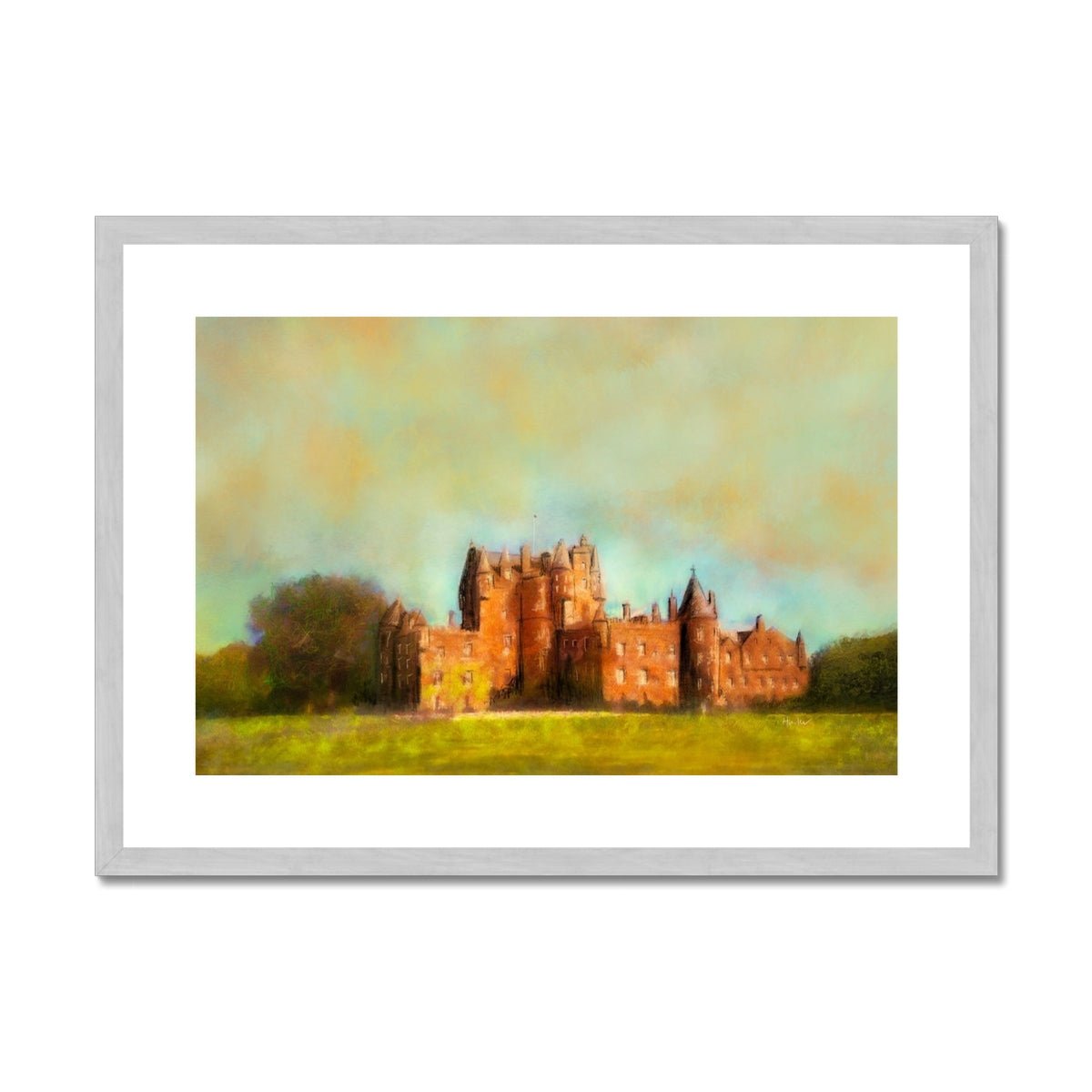 Glamis Castle Painting | Antique Framed & Mounted Prints From Scotland-Antique Framed & Mounted Prints-Historic & Iconic Scotland Art Gallery-A2 Landscape-Silver Frame-Paintings, Prints, Homeware, Art Gifts From Scotland By Scottish Artist Kevin Hunter