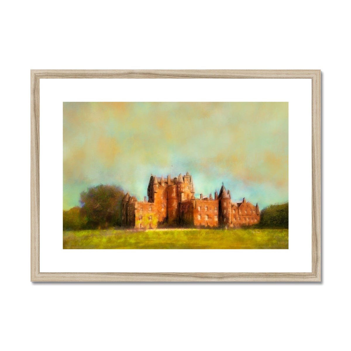 Glamis Castle Painting | Framed & Mounted Prints From Scotland-Framed & Mounted Prints-Historic & Iconic Scotland Art Gallery-A2 Landscape-Natural Frame-Paintings, Prints, Homeware, Art Gifts From Scotland By Scottish Artist Kevin Hunter