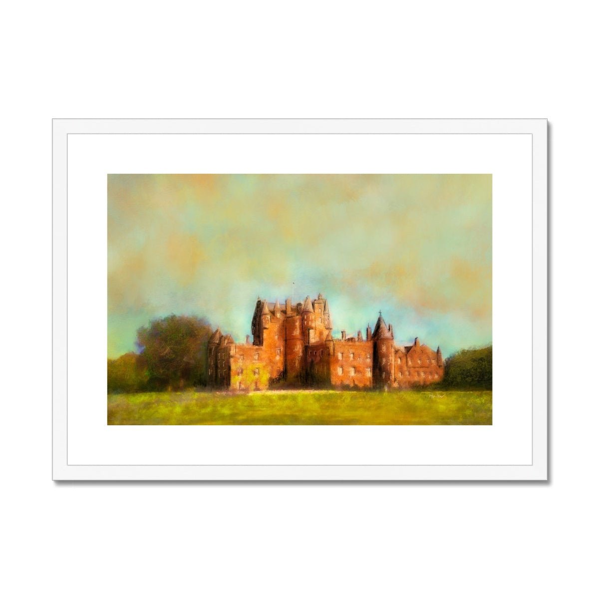 Glamis Castle Painting | Framed & Mounted Prints From Scotland-Framed & Mounted Prints-Historic & Iconic Scotland Art Gallery-A2 Landscape-White Frame-Paintings, Prints, Homeware, Art Gifts From Scotland By Scottish Artist Kevin Hunter
