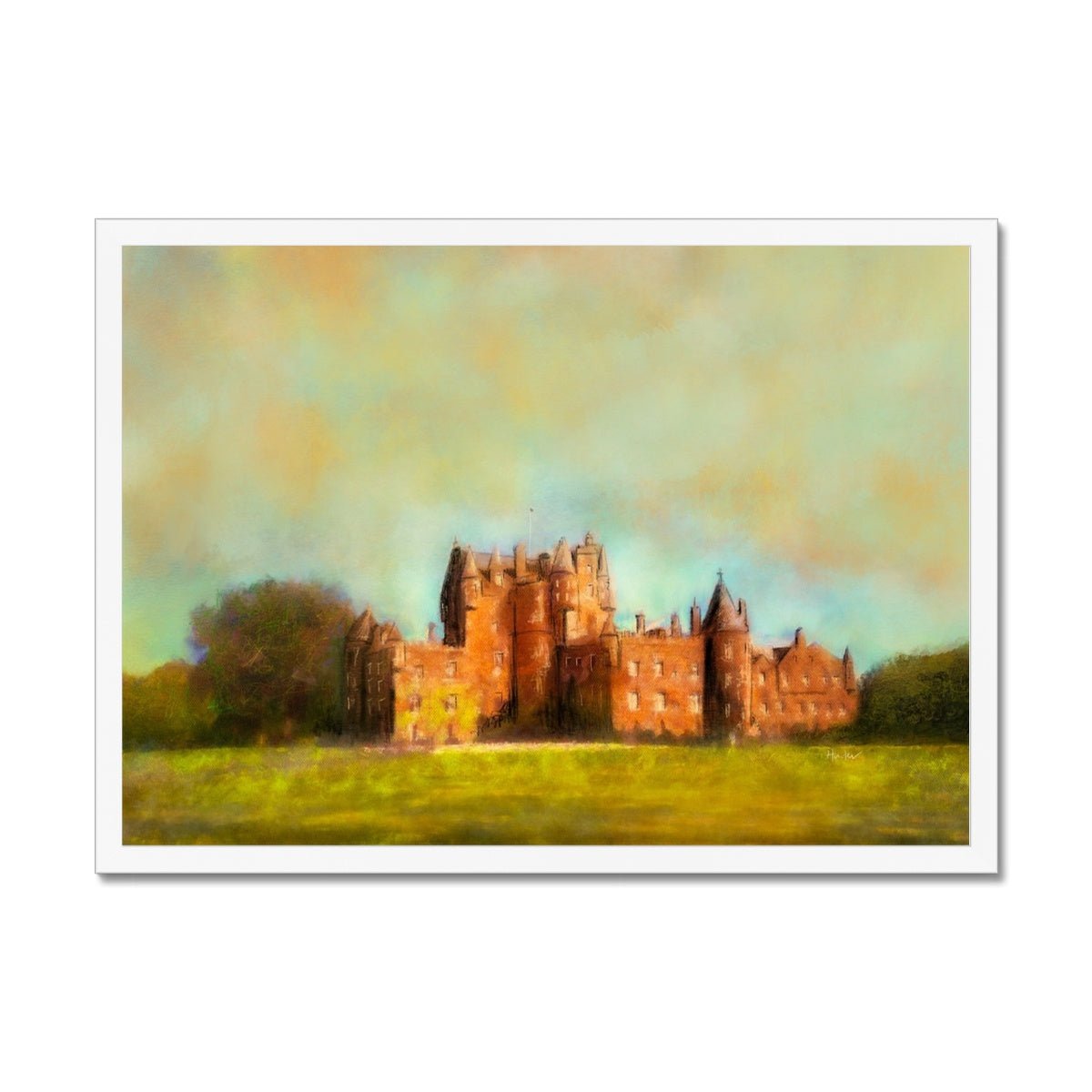 Glamis Castle Painting | Framed Prints From Scotland-Framed Prints-Historic & Iconic Scotland Art Gallery-A2 Landscape-White Frame-Paintings, Prints, Homeware, Art Gifts From Scotland By Scottish Artist Kevin Hunter