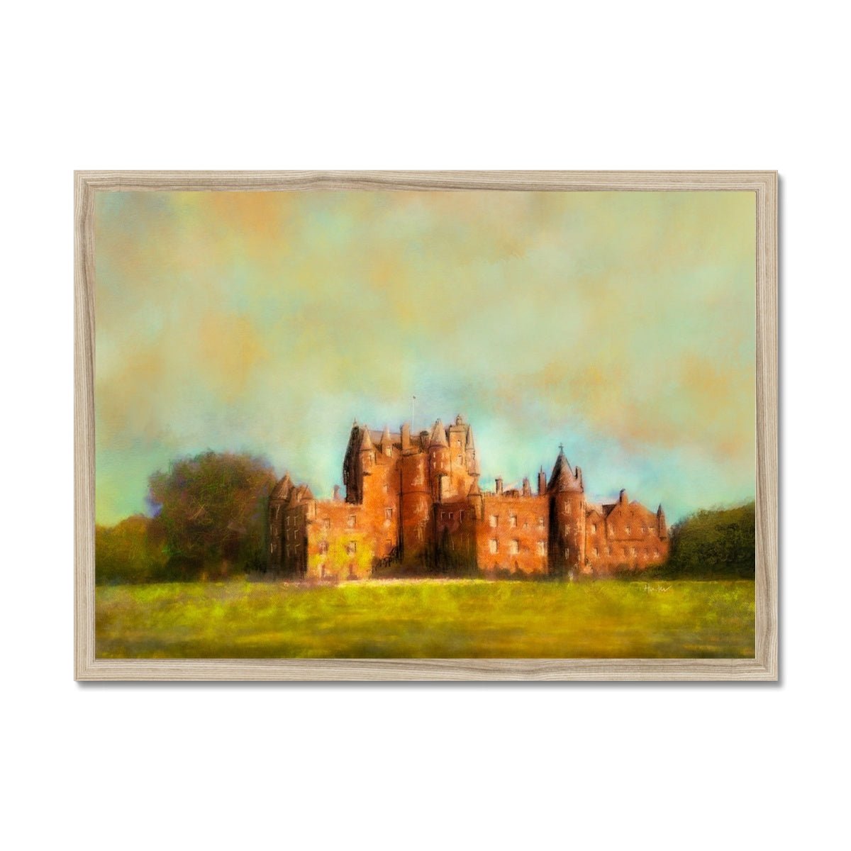 Glamis Castle Painting | Framed Prints From Scotland-Framed Prints-Historic & Iconic Scotland Art Gallery-A2 Landscape-Natural Frame-Paintings, Prints, Homeware, Art Gifts From Scotland By Scottish Artist Kevin Hunter