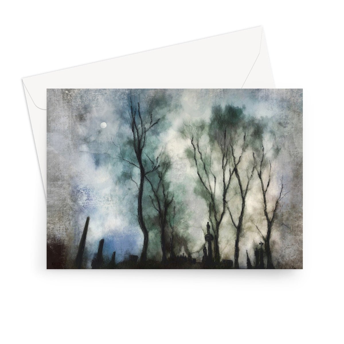 Glasgow Necropolis Moonlight Art Gifts Greeting Card-Greetings Cards-Edinburgh & Glasgow Art Gallery-7"x5"-10 Cards-Paintings, Prints, Homeware, Art Gifts From Scotland By Scottish Artist Kevin Hunter