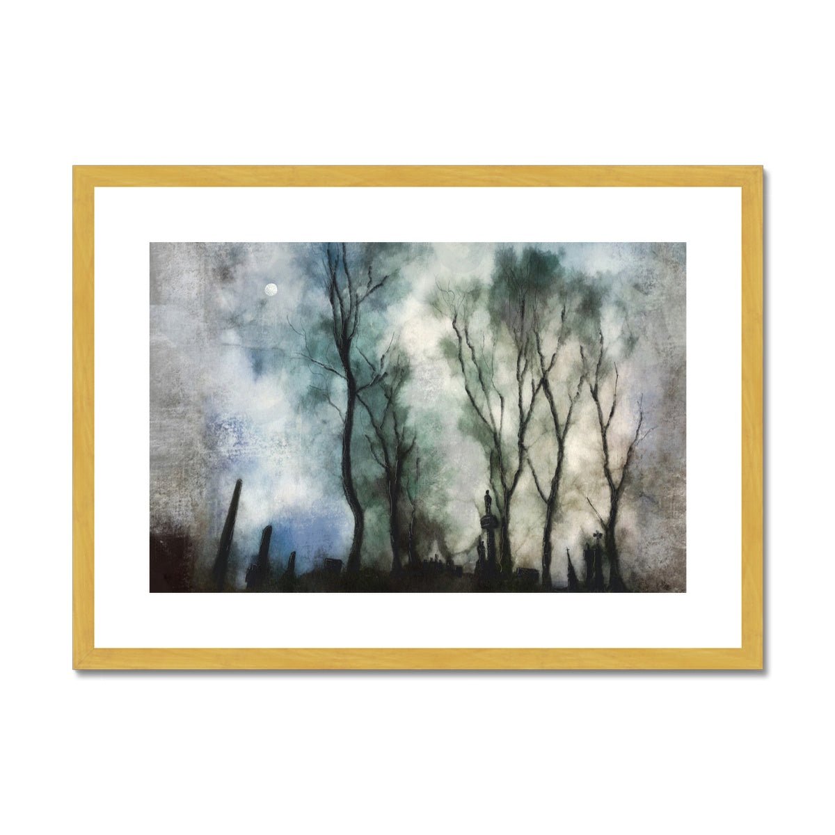 Glasgow Necropolis Moonlight Painting | Antique Framed & Mounted Prints From Scotland-Antique Framed & Mounted Prints-Edinburgh & Glasgow Art Gallery-A2 Landscape-Gold Frame-Paintings, Prints, Homeware, Art Gifts From Scotland By Scottish Artist Kevin Hunter