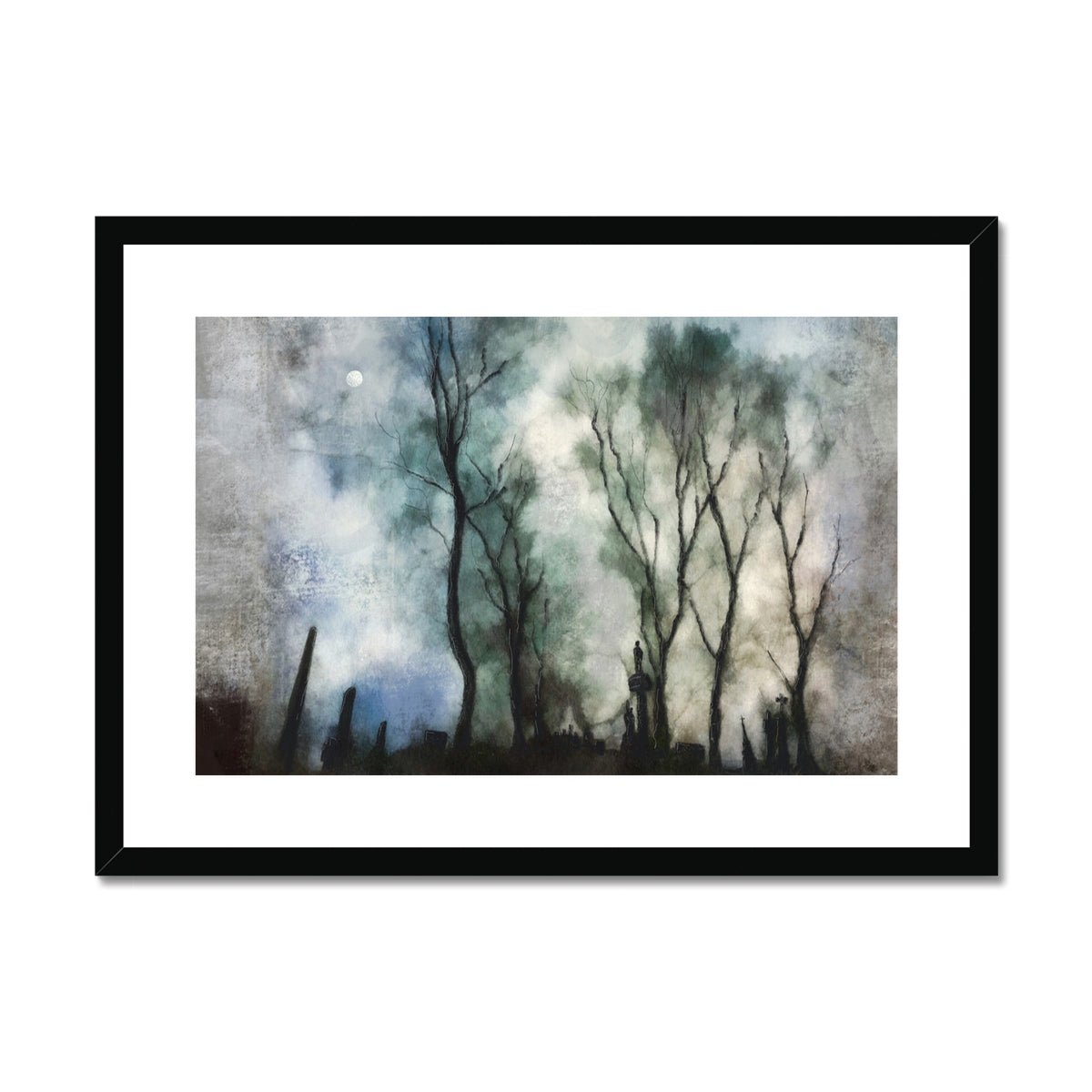 Glasgow Necropolis Moonlight Painting | Framed & Mounted Prints From Scotland-Framed & Mounted Prints-Edinburgh & Glasgow Art Gallery-A2 Landscape-Black Frame-Paintings, Prints, Homeware, Art Gifts From Scotland By Scottish Artist Kevin Hunter