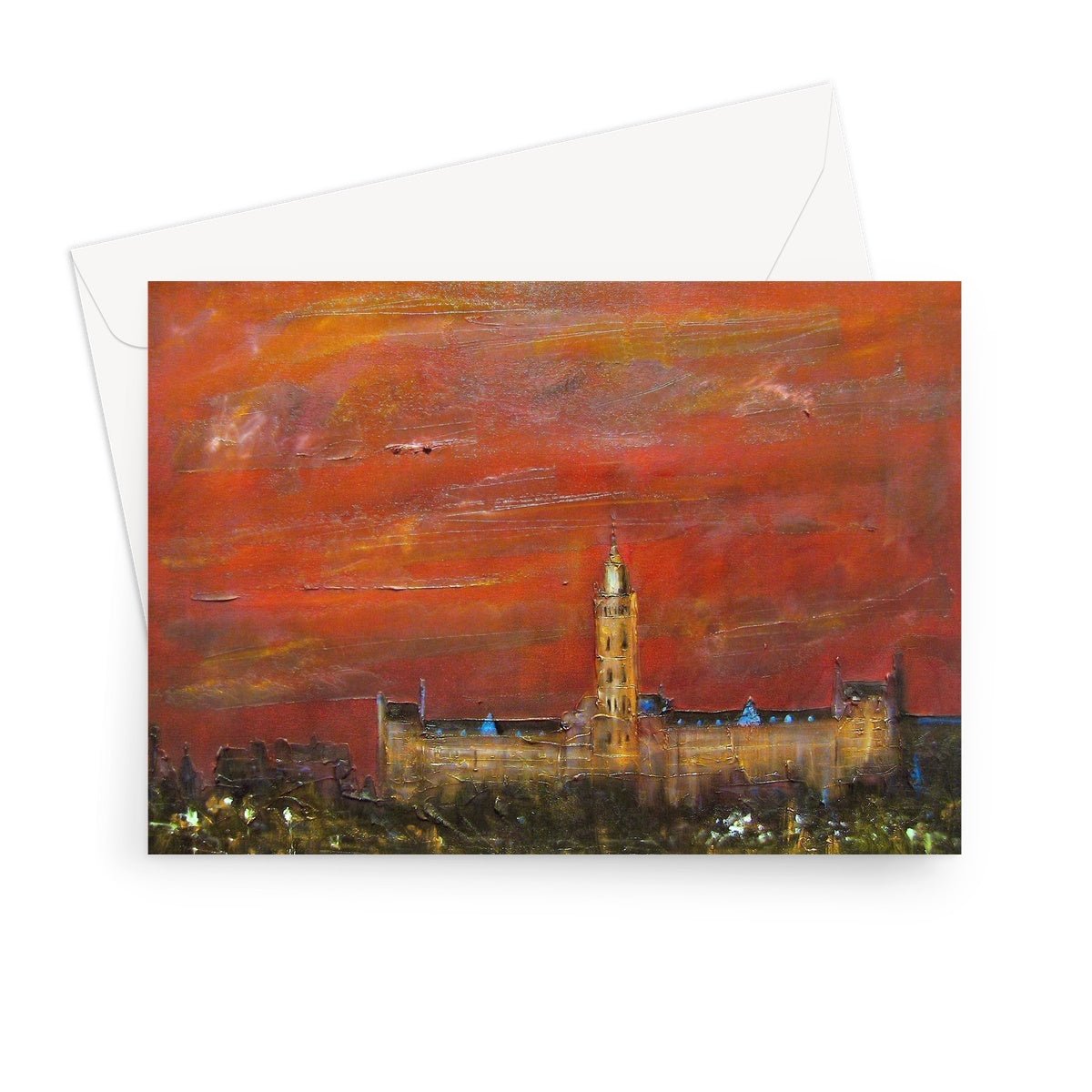 Glasgow University Dusk Art Gifts Greeting Card-Greetings Cards-Edinburgh & Glasgow Art Gallery-7"x5"-10 Cards-Paintings, Prints, Homeware, Art Gifts From Scotland By Scottish Artist Kevin Hunter