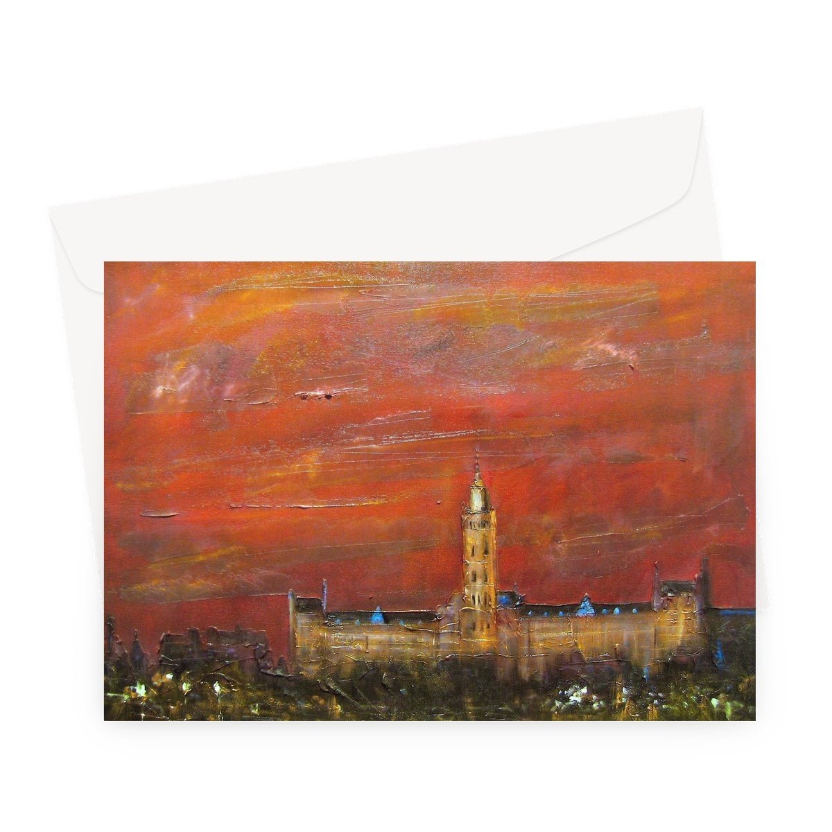 Glasgow University Dusk Art Gifts Greeting Card-Greetings Cards-Edinburgh & Glasgow Art Gallery-A5 Landscape-10 Cards-Paintings, Prints, Homeware, Art Gifts From Scotland By Scottish Artist Kevin Hunter