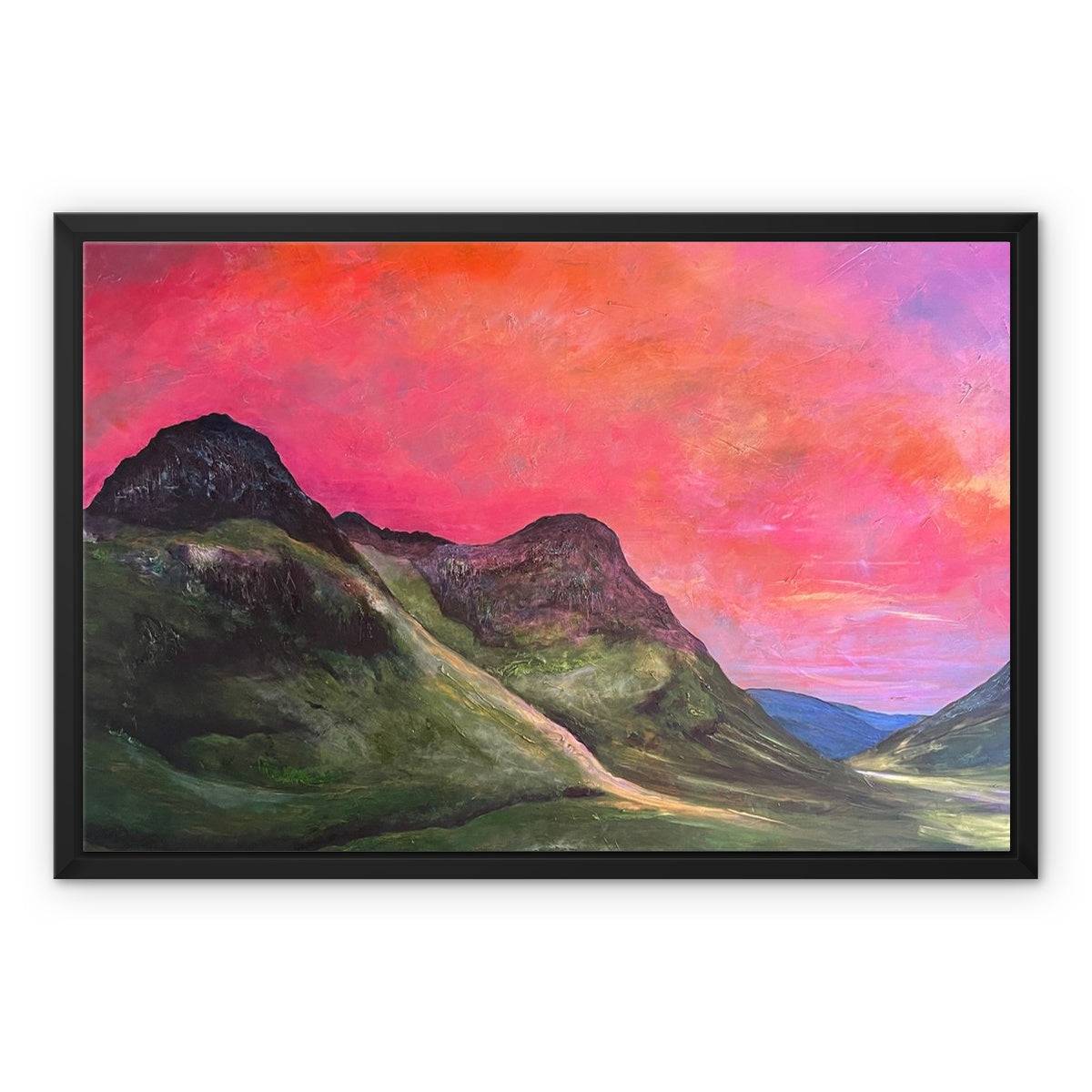 Glencoe Dusk Painting | Framed Canvas From Scotland-Floating Framed Canvas Prints-Glencoe Art Gallery-24"x18"-Black Frame-Paintings, Prints, Homeware, Art Gifts From Scotland By Scottish Artist Kevin Hunter