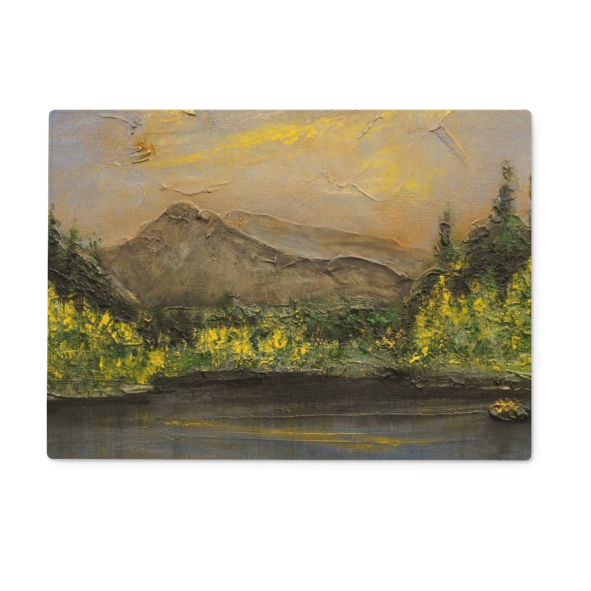 Glencoe Lochan Dusk Art Gifts Glass Chopping Board | Glencoe Art Gallery | Paintings, Prints, Homeware and Art Gifts From Scotland By Scottish Artist Kevin Hunter