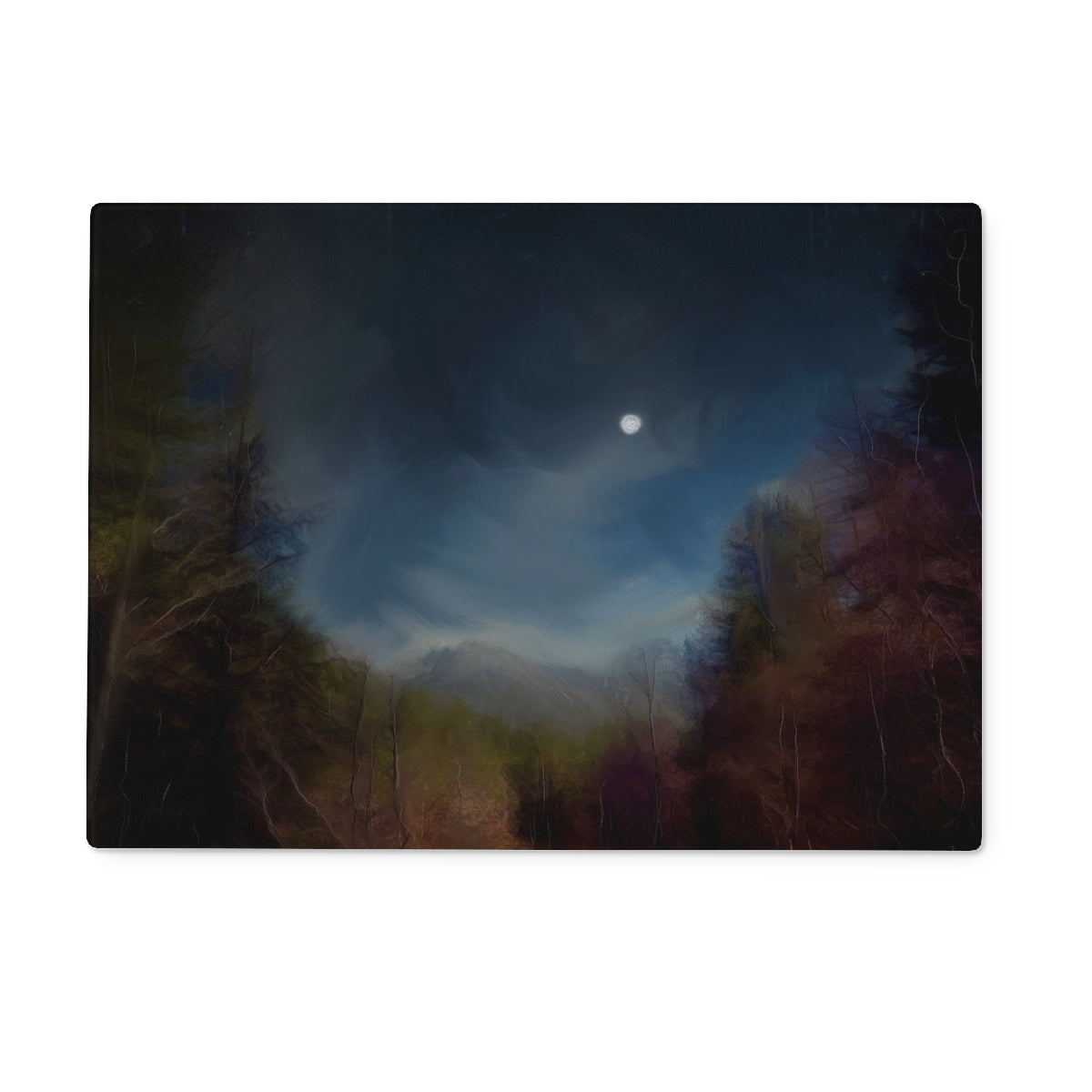 Glencoe Lochan Moonlight Art Gifts Glass Chopping Board | Glencoe Art Gallery | Paintings, Prints, Homeware and Art Gifts From Scotland By Scottish Artist Kevin Hunter