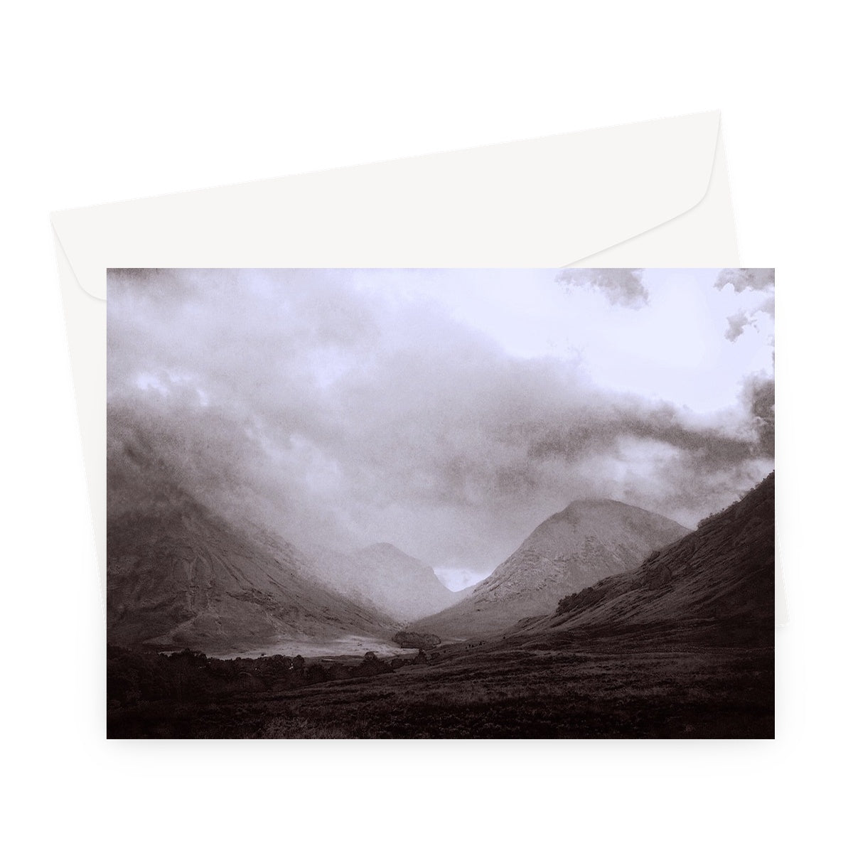 Glencoe Mist Art Gifts Greeting Card-Greetings Cards-Glencoe Art Gallery-A5 Landscape-10 Cards-Paintings, Prints, Homeware, Art Gifts From Scotland By Scottish Artist Kevin Hunter