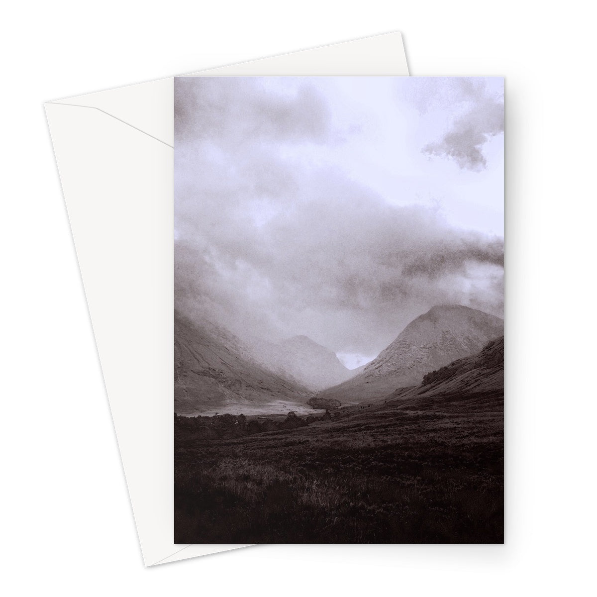 Glencoe Mist Art Gifts Greeting Card-Greetings Cards-Glencoe Art Gallery-A5 Portrait-10 Cards-Paintings, Prints, Homeware, Art Gifts From Scotland By Scottish Artist Kevin Hunter
