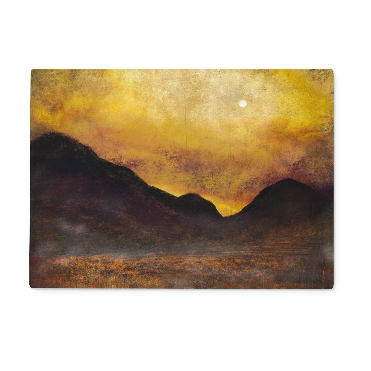 Glencoe Moonlight Art Gifts Glass Chopping Board | Glencoe Art Gallery | Paintings, Prints, Homeware and Art Gifts From Scotland By Scottish Artist Kevin Hunter