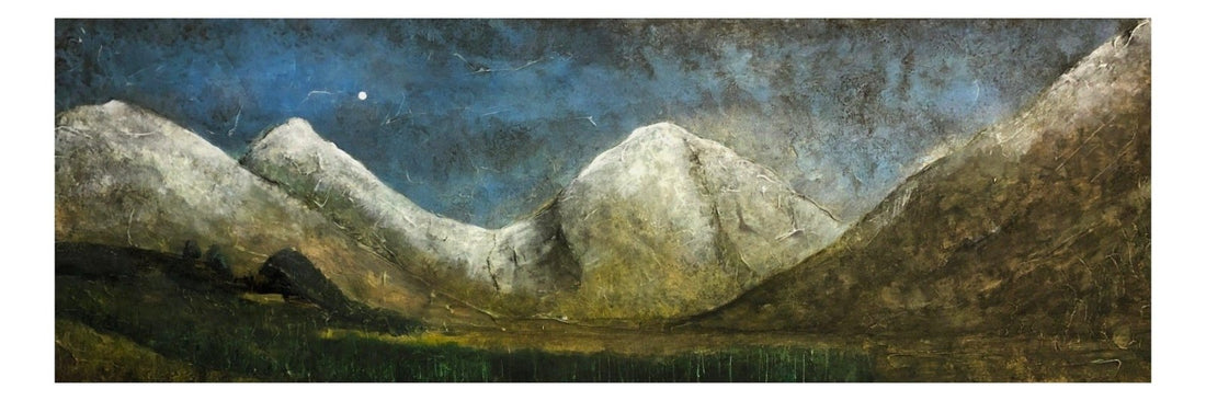 Glencoe Moonlit Snow | Panoramic Painting &amp; Art Prints | Glencoe Art Gallery | Paintings, Prints, Homeware and Art Gifts From Scotland By Scottish Artist Kevin Hunter