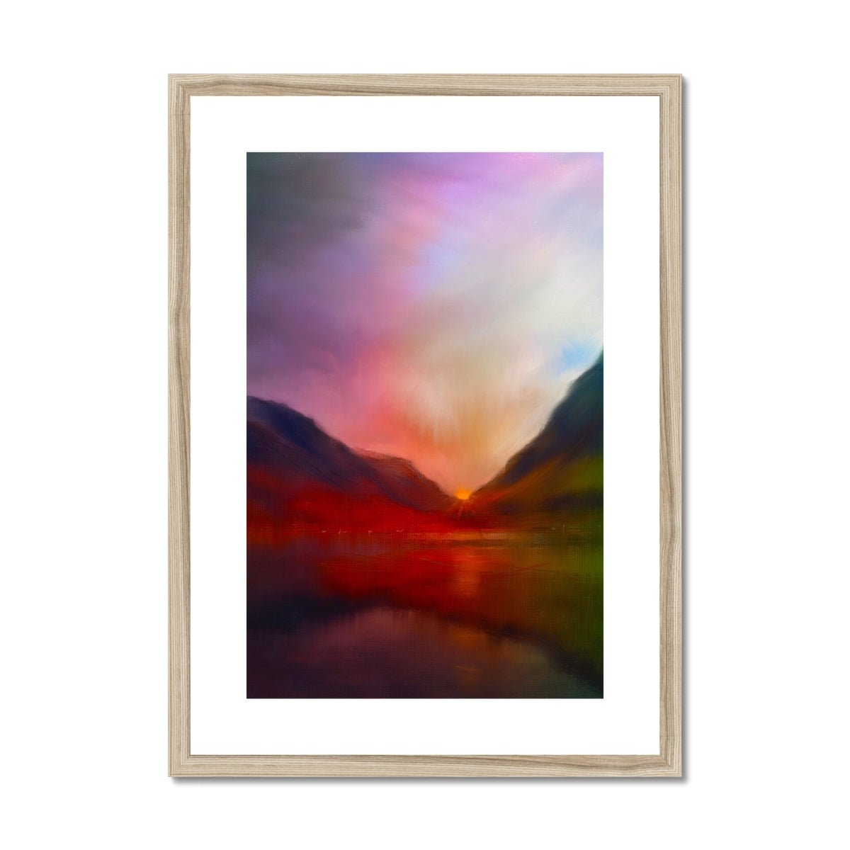 Glencoe Sunset Painting | Framed & Mounted Prints From Scotland-Framed & Mounted Prints-Glencoe Art Gallery-A2 Portrait-Natural Frame-Paintings, Prints, Homeware, Art Gifts From Scotland By Scottish Artist Kevin Hunter