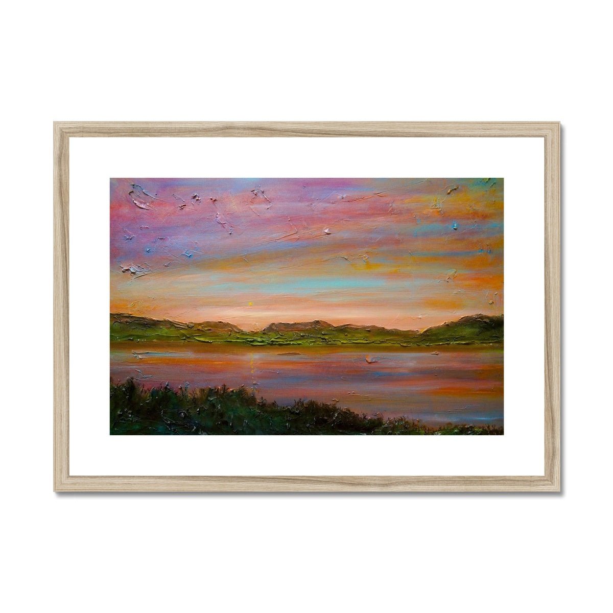 Gourock Golf Club Sunset Painting | Framed & Mounted Prints From Scotland-Framed & Mounted Prints-River Clyde Art Gallery-A2 Landscape-Natural Frame-Paintings, Prints, Homeware, Art Gifts From Scotland By Scottish Artist Kevin Hunter