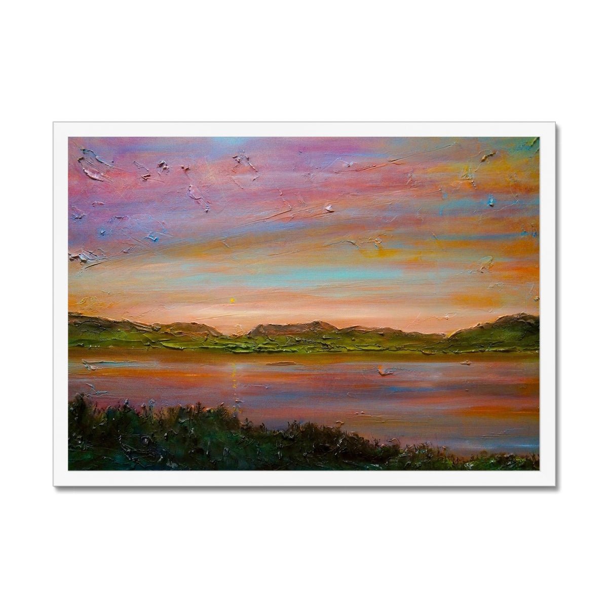 Gourock Golf Club Sunset Painting | Framed Prints From Scotland-Framed Prints-River Clyde Art Gallery-A2 Landscape-White Frame-Paintings, Prints, Homeware, Art Gifts From Scotland By Scottish Artist Kevin Hunter