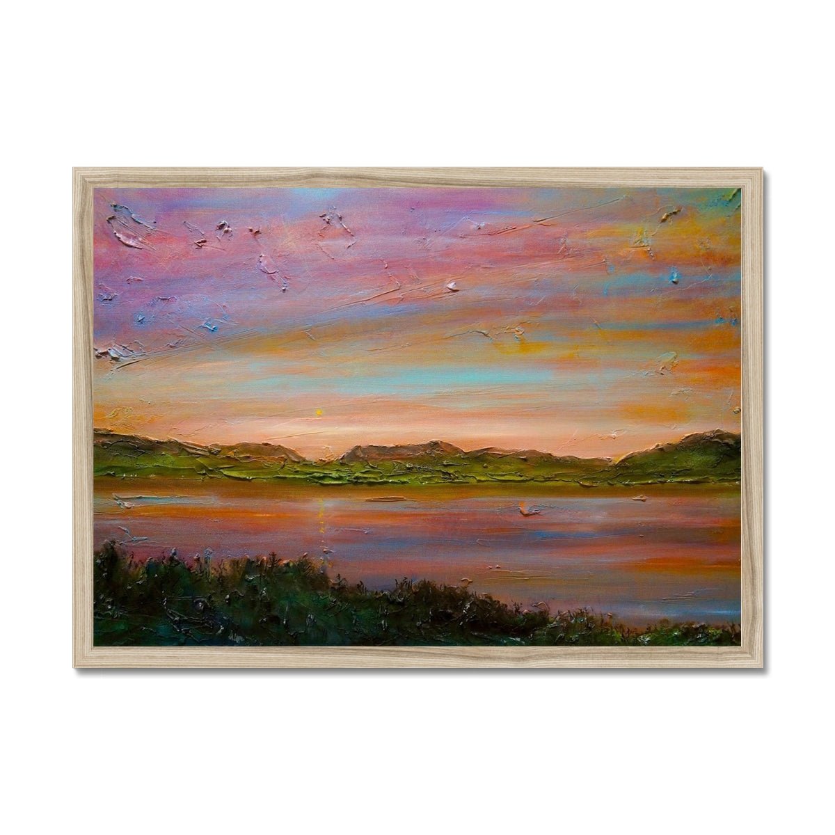 Gourock Golf Club Sunset Painting | Framed Prints From Scotland-Framed Prints-River Clyde Art Gallery-A2 Landscape-Natural Frame-Paintings, Prints, Homeware, Art Gifts From Scotland By Scottish Artist Kevin Hunter
