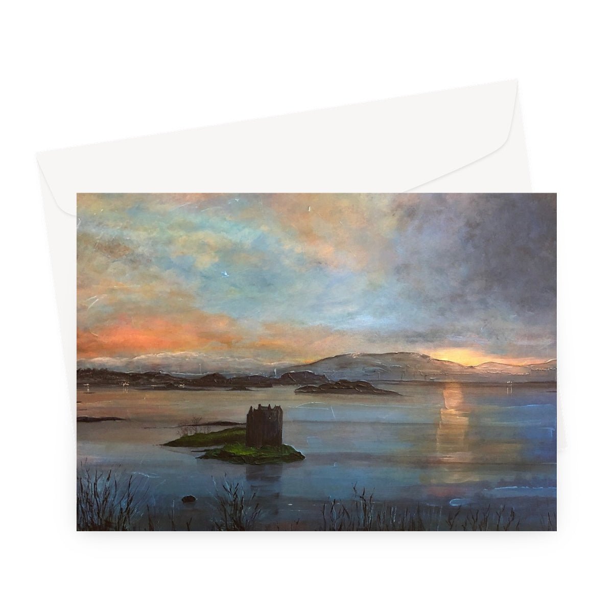 Castle Stalker Twilight Art Gifts Greeting Card-Greetings Cards-Scottish Castles Art Gallery-A5 Landscape-1 Card-Paintings, Prints, Homeware, Art Gifts From Scotland By Scottish Artist Kevin Hunter