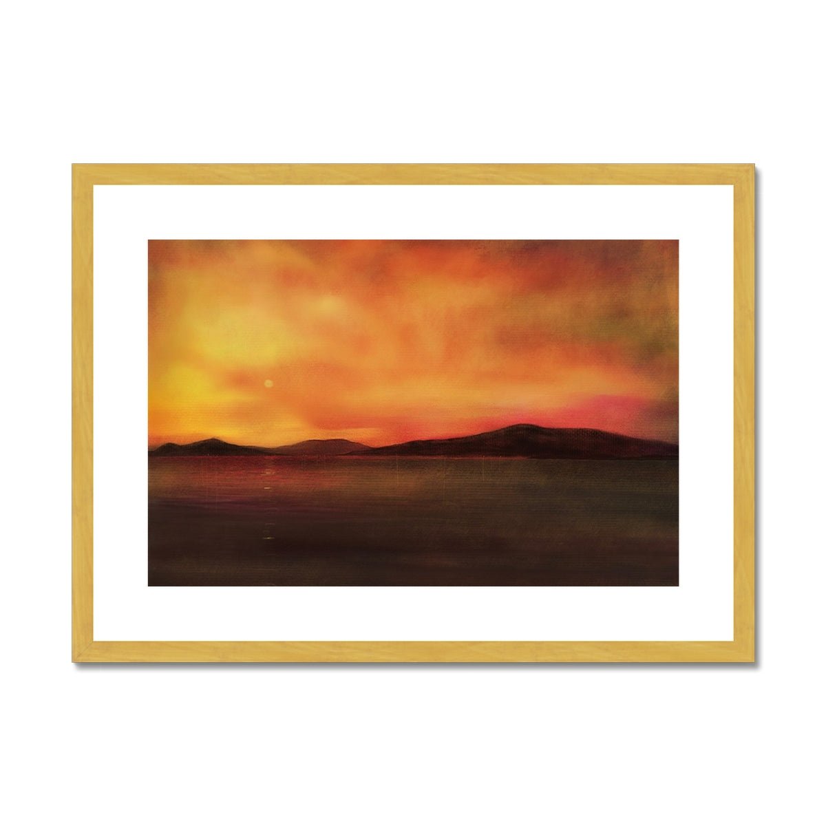Isle Of Harris Sunset Painting | Antique Framed & Mounted Prints From Scotland-Antique Framed & Mounted Prints-Hebridean Islands Art Gallery-A2 Landscape-Gold Frame-Paintings, Prints, Homeware, Art Gifts From Scotland By Scottish Artist Kevin Hunter