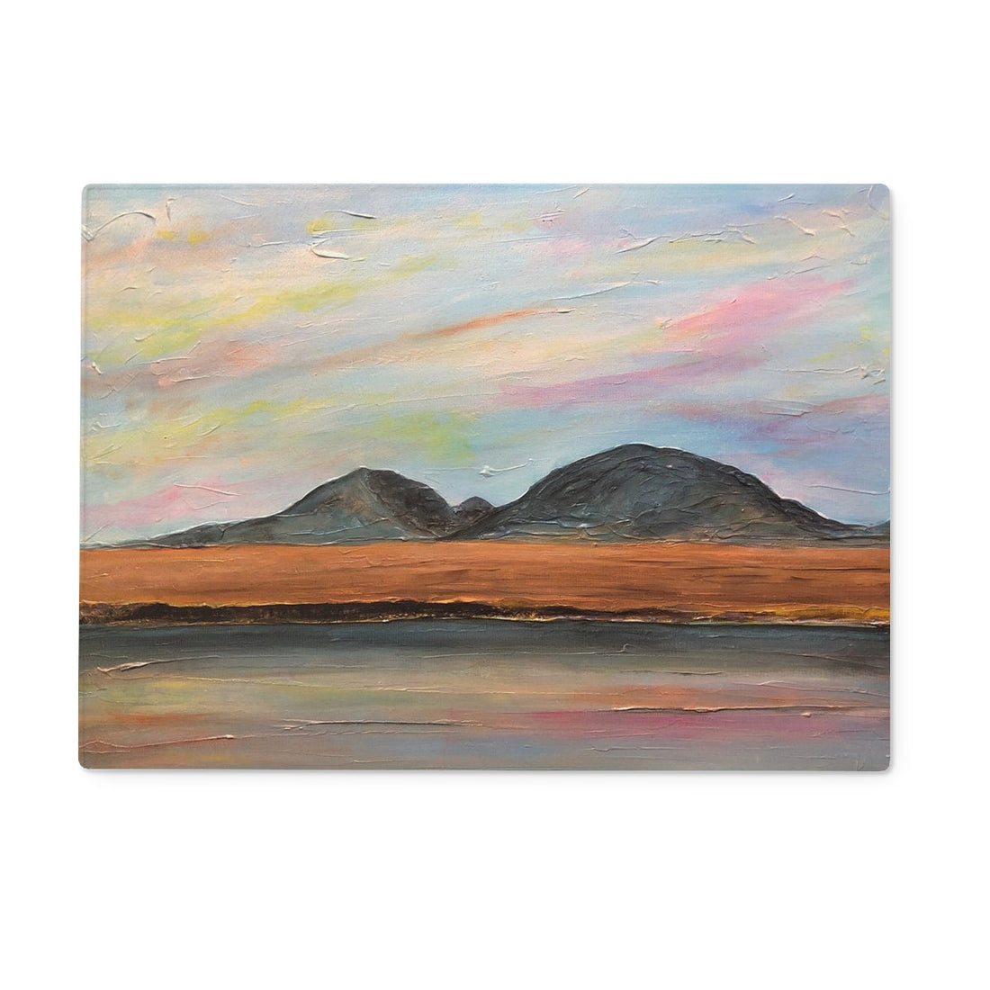 Jura Dawn Art Gifts Glass Chopping Board | Hebridean Islands Art Gallery | Paintings, Prints, Homeware and Art Gifts From Scotland By Scottish Artist Kevin Hunter