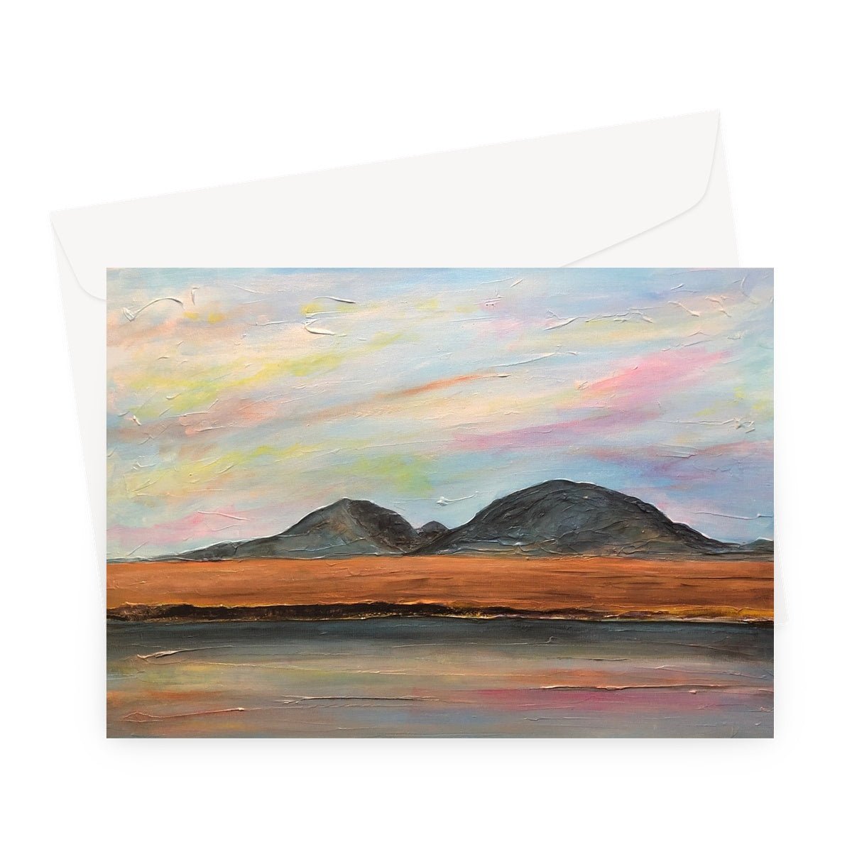 Jura Dawn Art Gifts Greeting Card-Greetings Cards-Hebridean Islands Art Gallery-A5 Landscape-1 Card-Paintings, Prints, Homeware, Art Gifts From Scotland By Scottish Artist Kevin Hunter