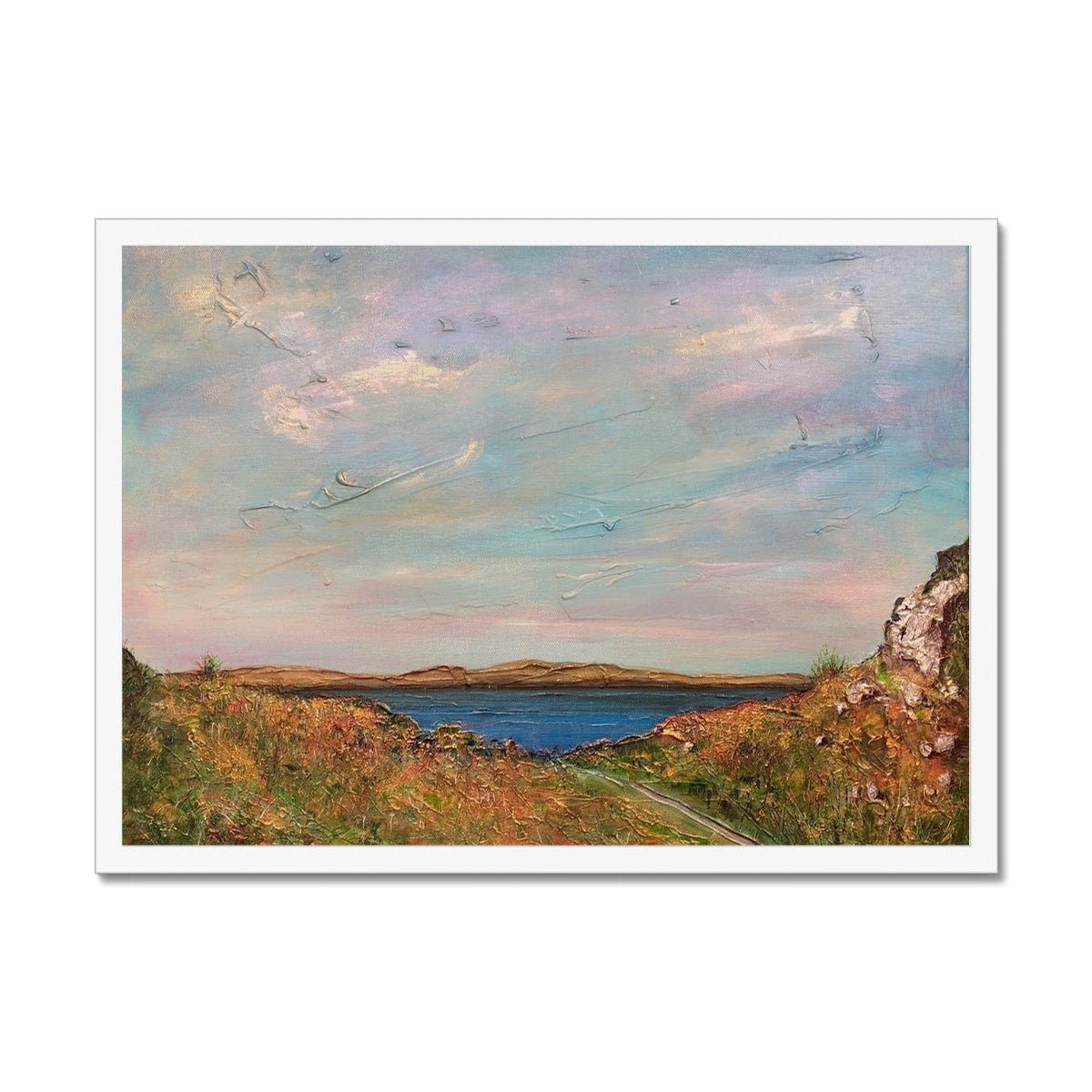Jura From Crinan Painting | Framed Prints From Scotland-Framed Prints-Hebridean Islands Art Gallery-A2 Landscape-White Frame-Paintings, Prints, Homeware, Art Gifts From Scotland By Scottish Artist Kevin Hunter