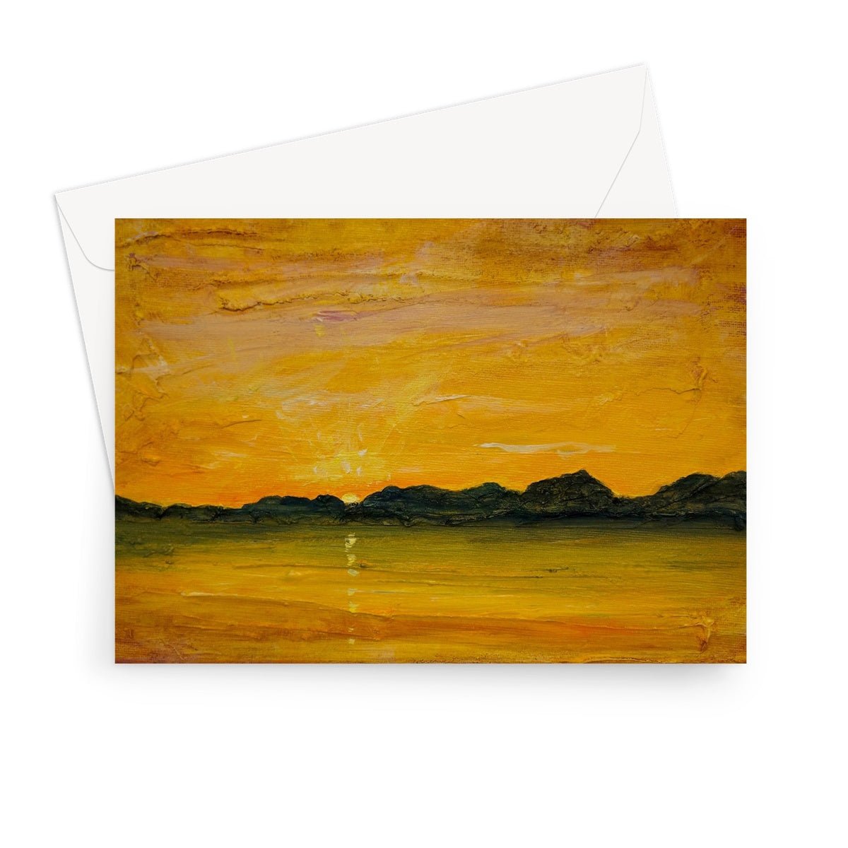 Jura Sunset Art Gifts Greeting Card-Greetings Cards-Hebridean Islands Art Gallery-7"x5"-1 Card-Paintings, Prints, Homeware, Art Gifts From Scotland By Scottish Artist Kevin Hunter
