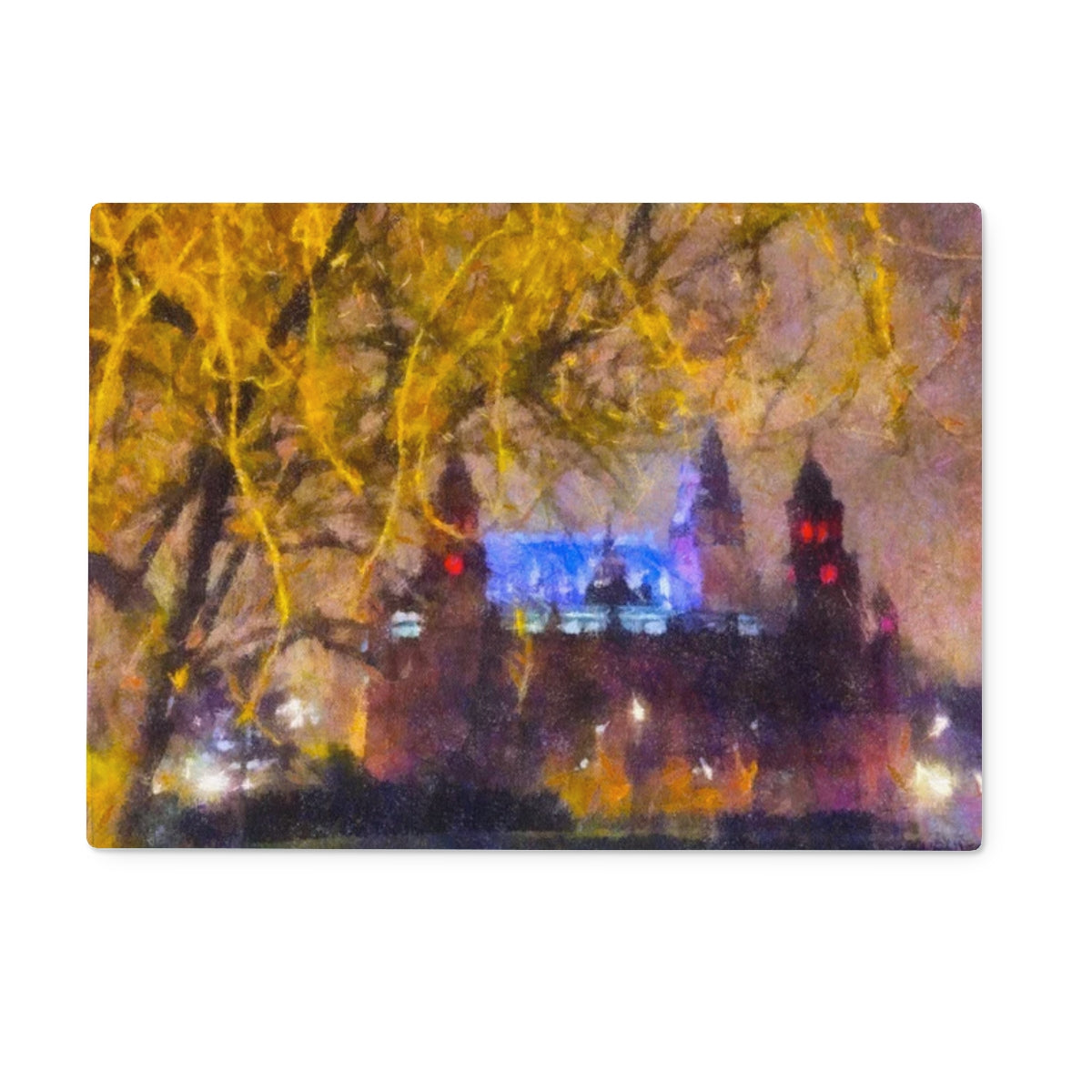 Kelvingrove Nights Glasgow Art Gifts Glass Chopping Board | Edinburgh &amp; Glasgow Art Gallery | Paintings, Prints, Homeware and Art Gifts From Scotland By Scottish Artist Kevin Hunter