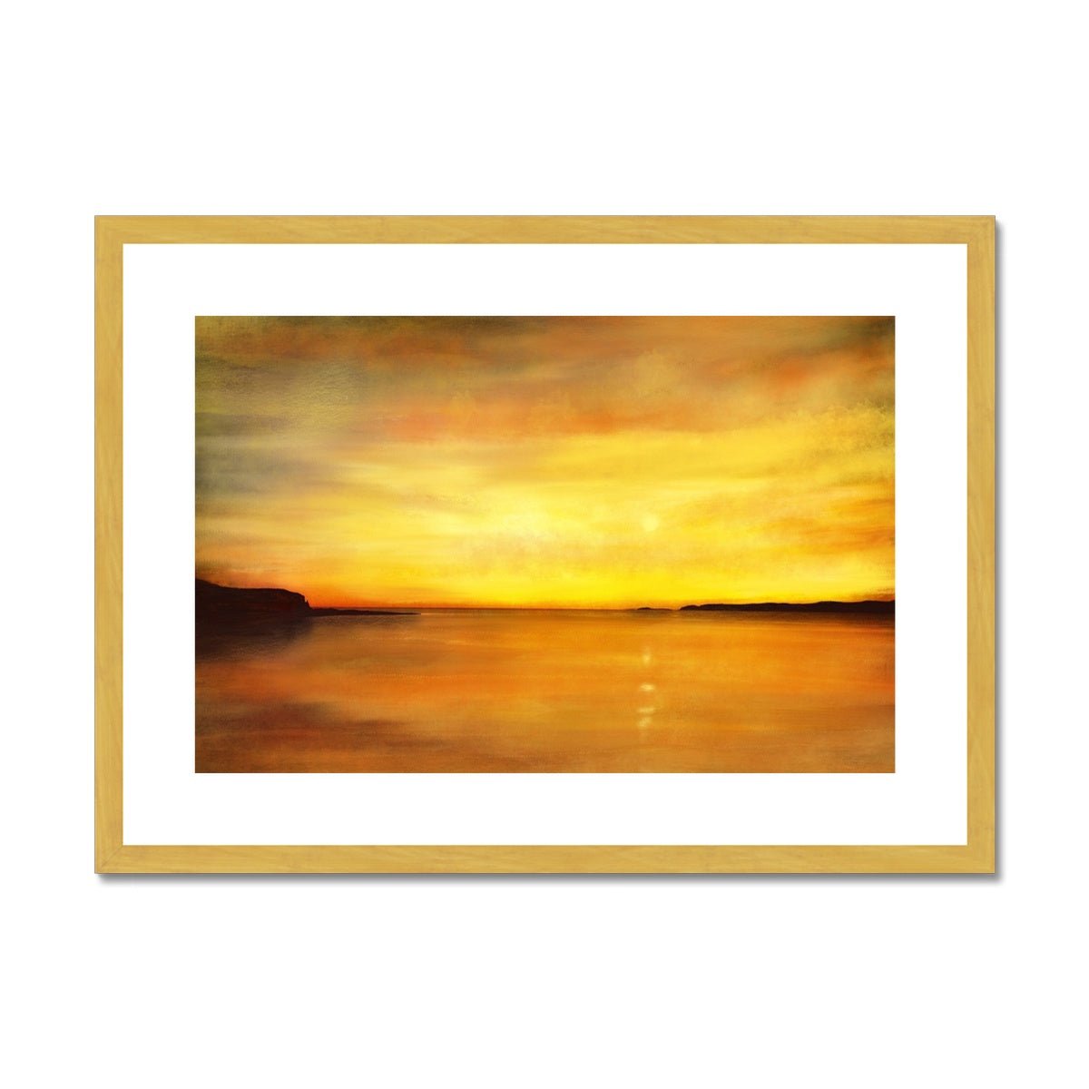 King's Cave Sunset Arran Painting | Antique Framed & Mounted Prints From Scotland-Antique Framed & Mounted Prints-Arran Art Gallery-A2 Landscape-Gold Frame-Paintings, Prints, Homeware, Art Gifts From Scotland By Scottish Artist Kevin Hunter