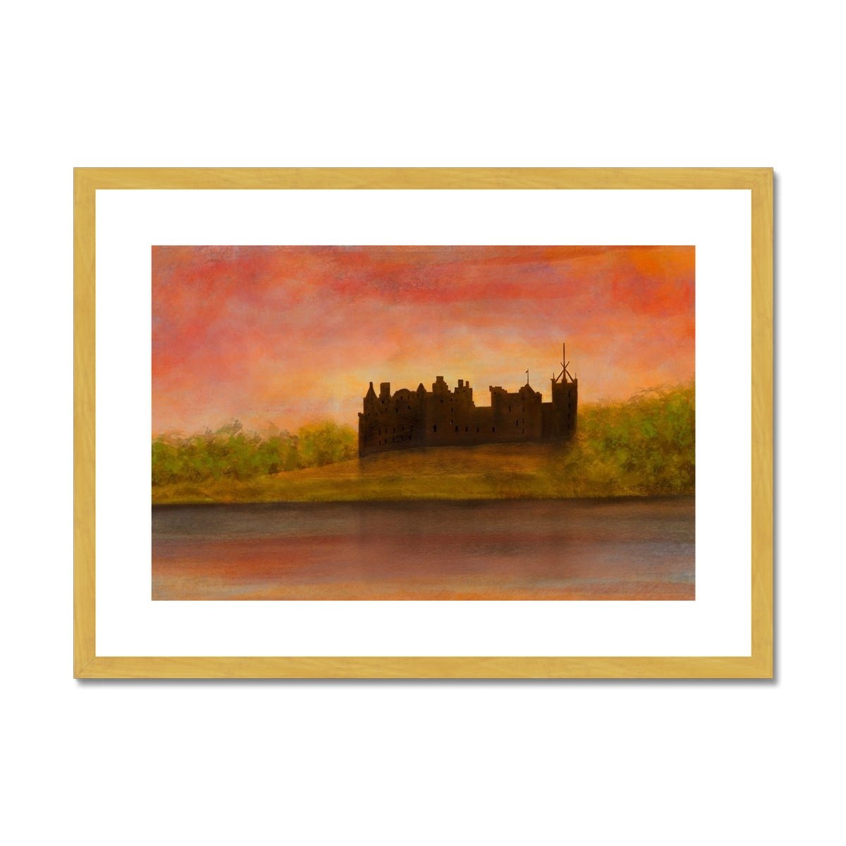 Linlithgow Palace Dusk Painting | Antique Framed & Mounted Prints From Scotland-Antique Framed & Mounted Prints-Historic & Iconic Scotland Art Gallery-A2 Landscape-Gold Frame-Paintings, Prints, Homeware, Art Gifts From Scotland By Scottish Artist Kevin Hunter
