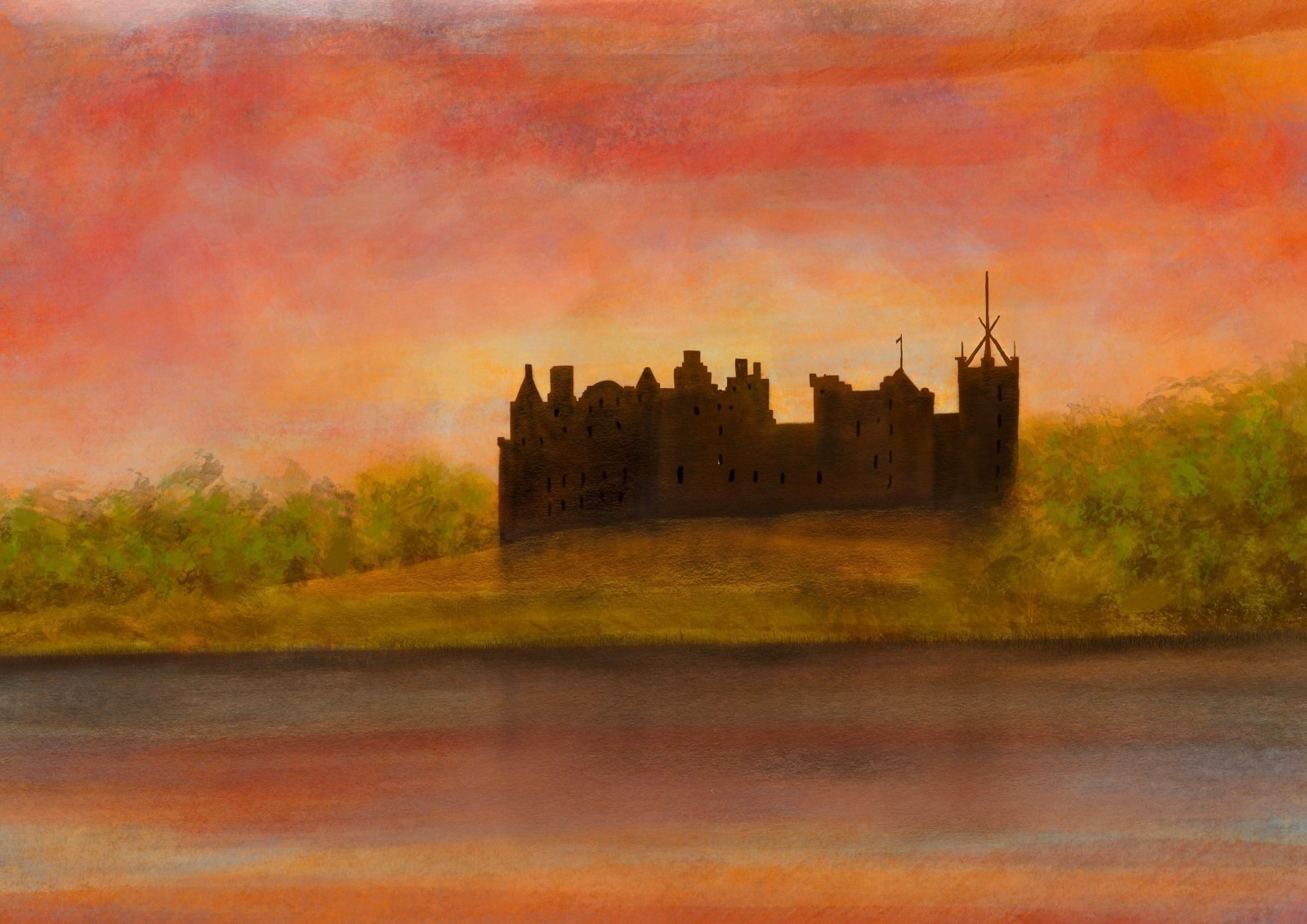 Linlithgow Palace Dusk-Signed Art Prints By Scottish Artist Hunter-Historic & Iconic Scotland Art Gallery-Paintings, Prints, Homeware, Art Gifts From Scotland By Scottish Artist Kevin Hunter