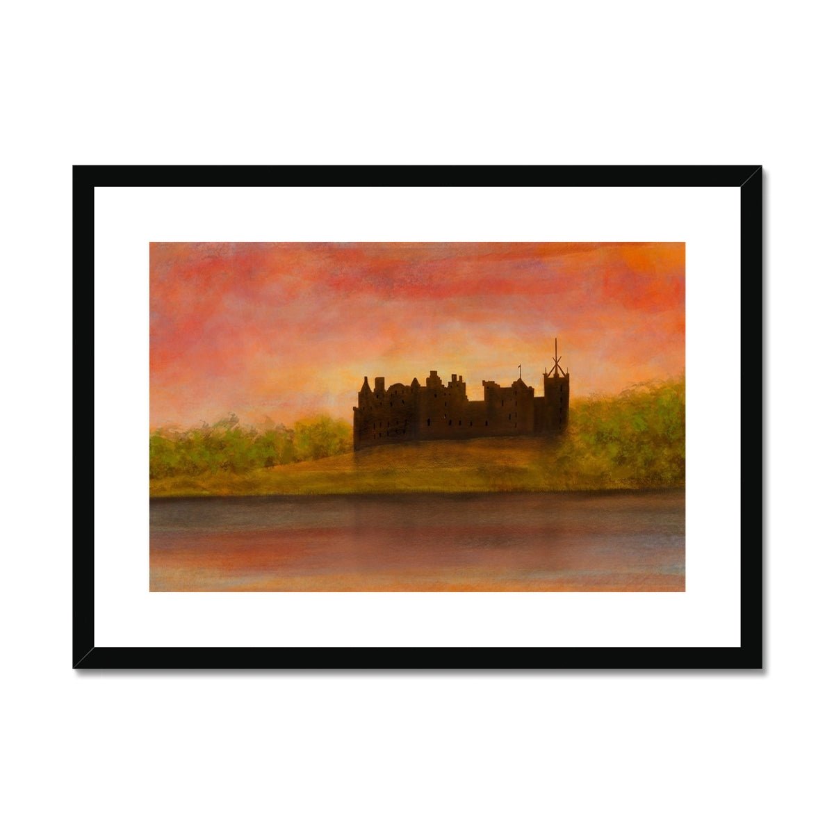Linlithgow Palace Dusk Painting | Framed & Mounted Prints From Scotland-Framed & Mounted Prints-Historic & Iconic Scotland Art Gallery-A2 Landscape-Black Frame-Paintings, Prints, Homeware, Art Gifts From Scotland By Scottish Artist Kevin Hunter